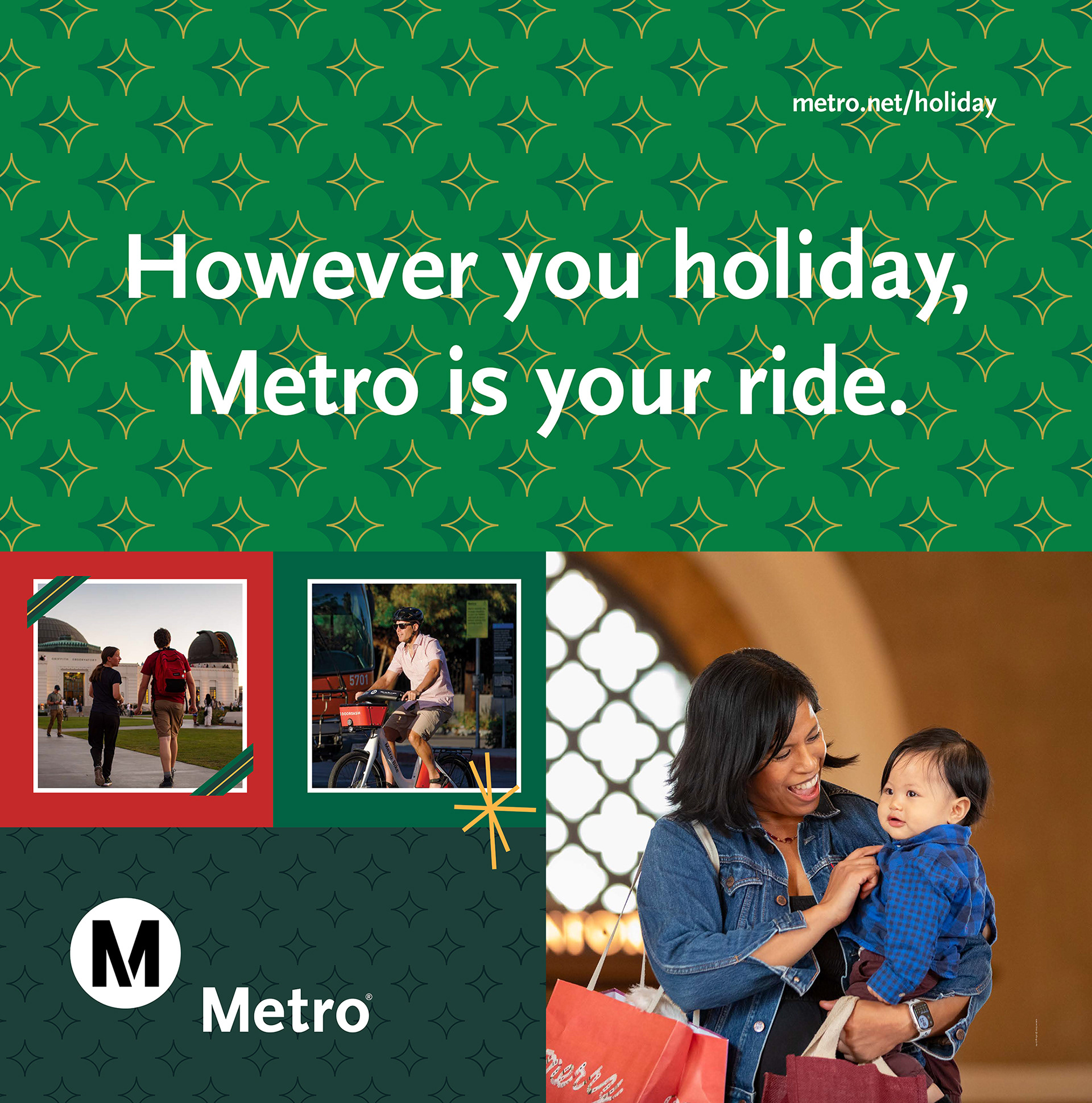 LA Metro Holiday Campaign Station Poster 2023 / *Design by Metro designer / *Bike Share photo by Ana Oquendo-Perez