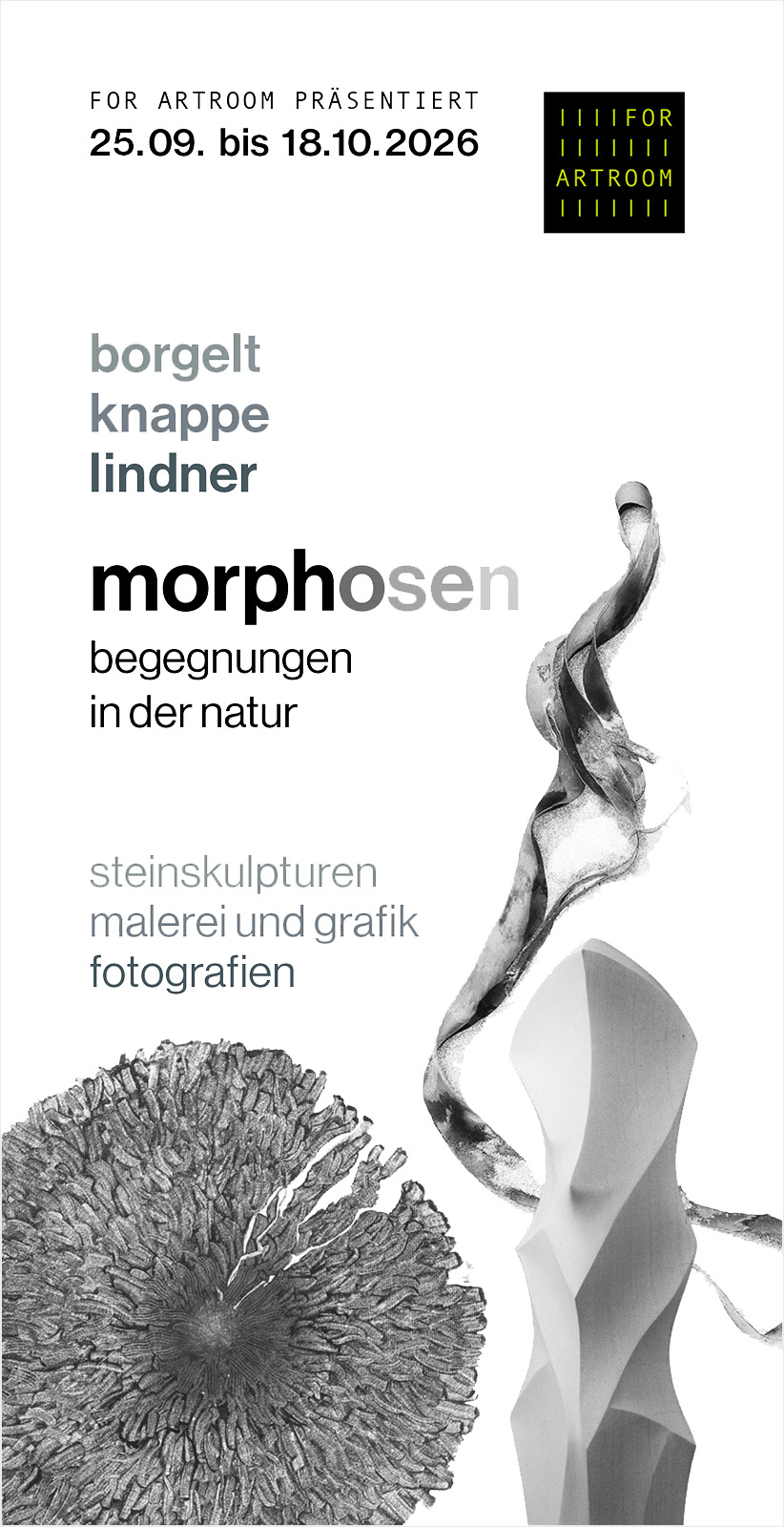 Kunstausstellung Morphosen - Begegnungen in der Natur in Nürnberg mit Skulpturen von Michael Borgelt, Malerei und Grafik von Kerstin Knappe und Fotografien von Joachim Lindner
