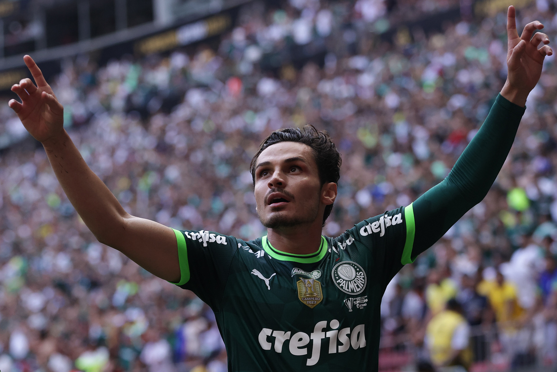 28 January 2023 - Raphael Veiga jogador do Palmeiras comemora gol diante o Flamengo pela Supercopa.