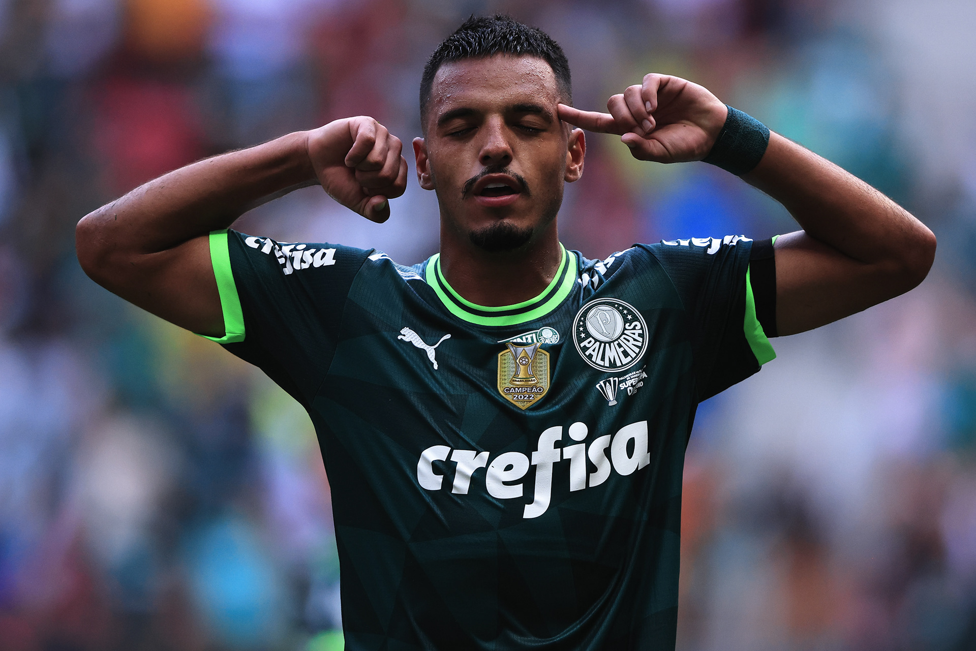 28 January 2023 - Gabriel Menino jogador do Palmeiras comemora gol diante o Flamengo pela Supercopa.