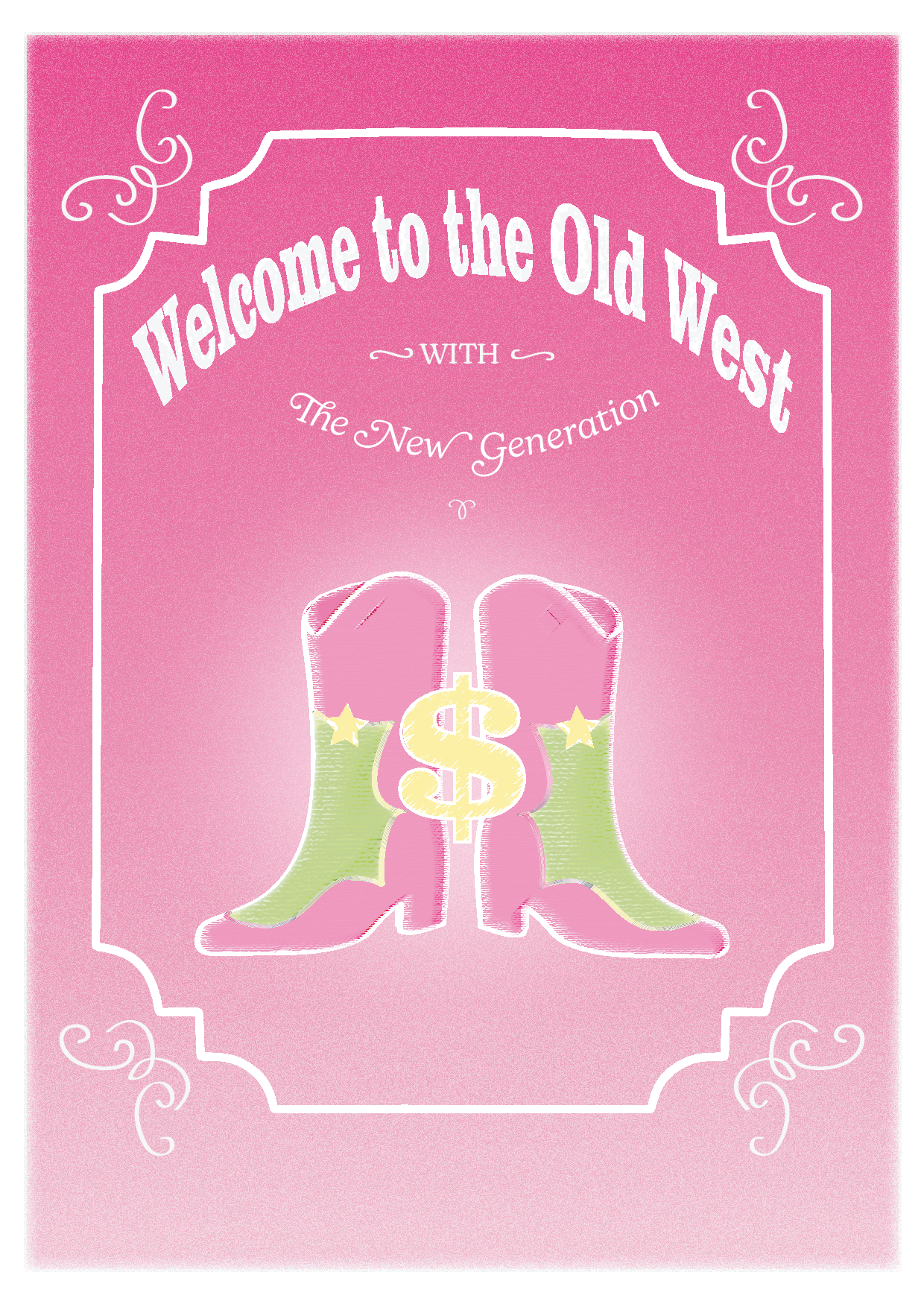 Pink cowboy boots. A pink cowboy card with dollar sign on it
