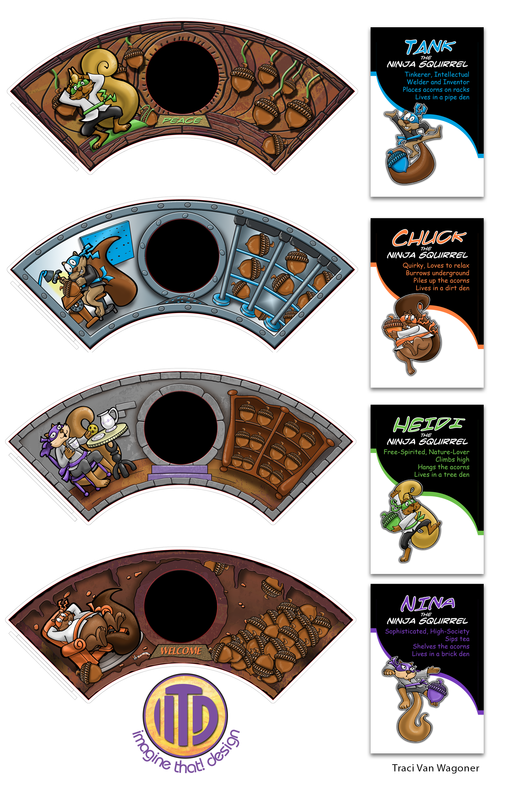 Ninja Squirrels Characters, Illustration and Design by Imagine That! Design for for the game Ninja Squirrels for Roosterfin Games