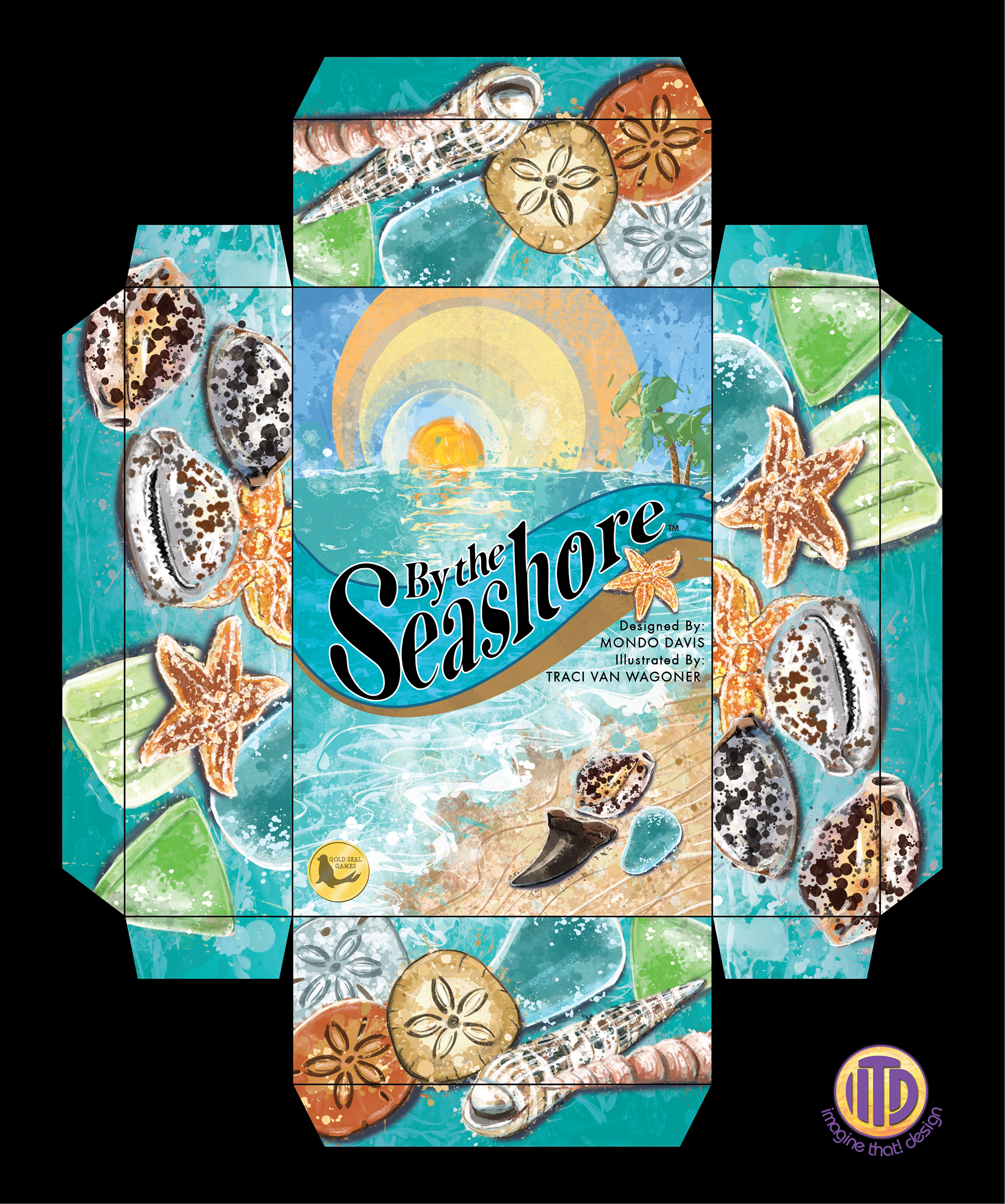 By the Seashore package design with top and sides with a beach and ocean scene and shell paintings