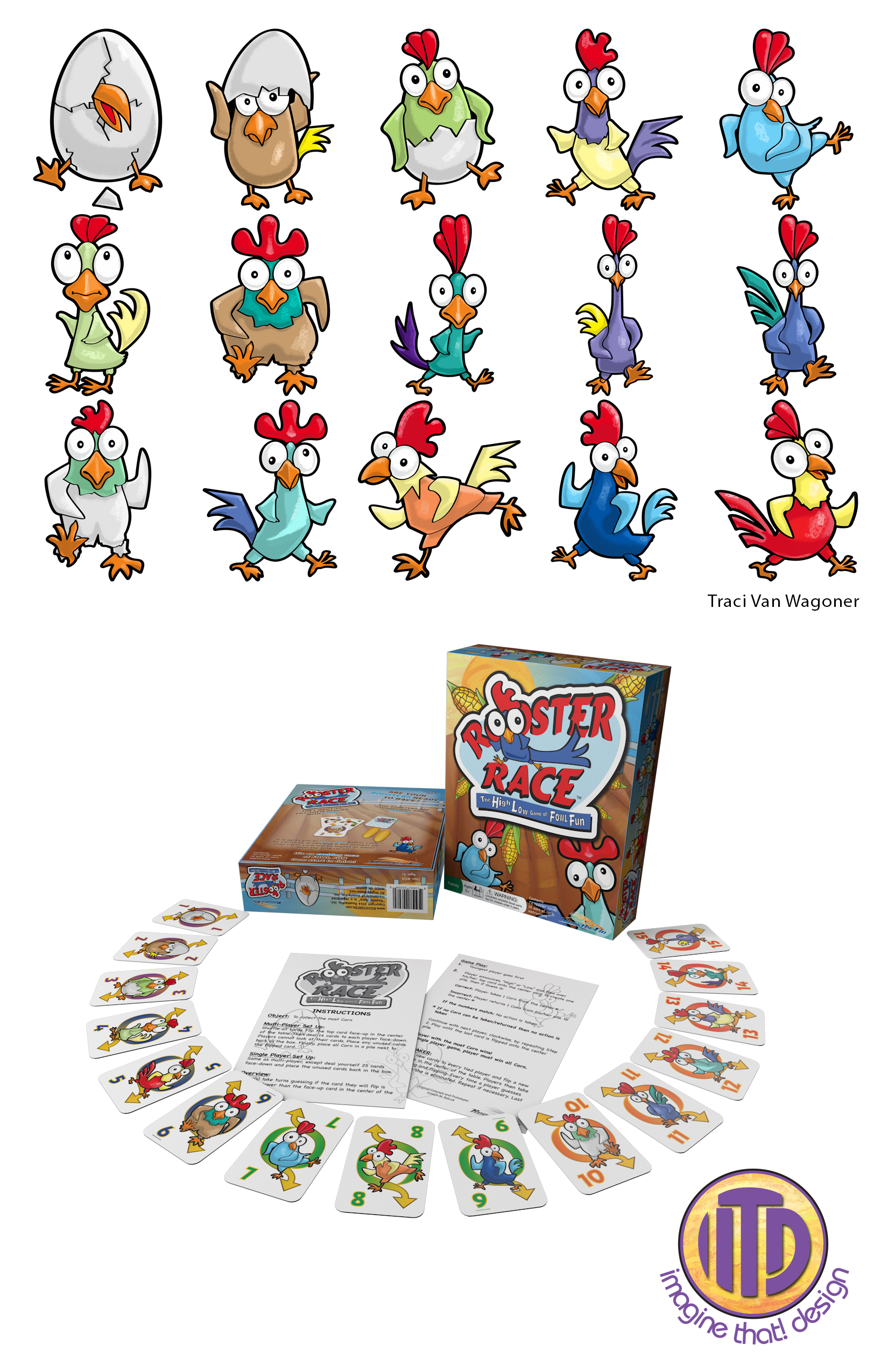 Cute and wacky rooster game characters design and illustration for the game Rooster Race designed and illustrated by Imagine That! Design for Roosterfin Games