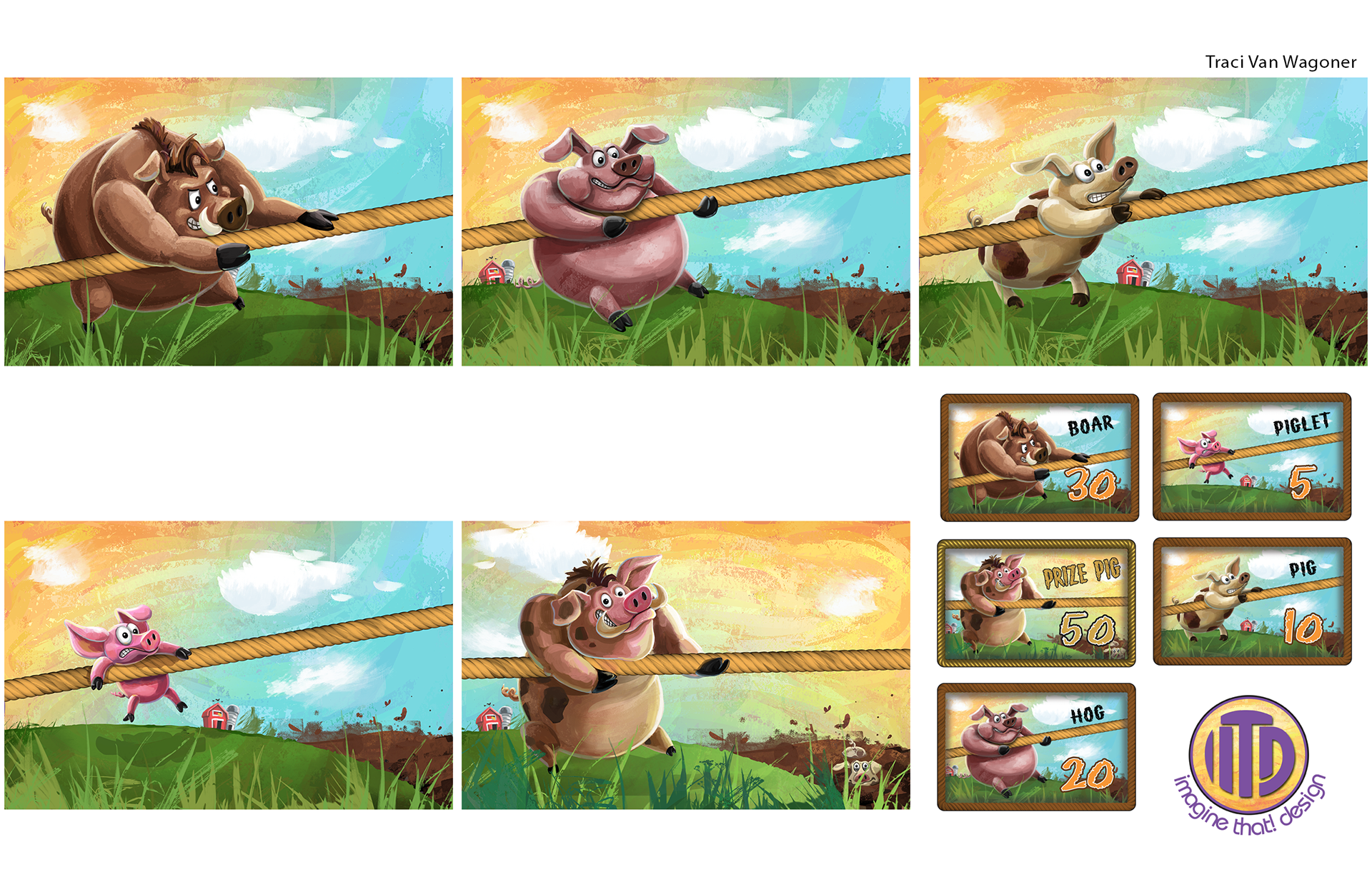 Cute and fun pig characters, illustration and design for the game Mighty Pig Tug by Imagine That! Design for Roosterfin Games