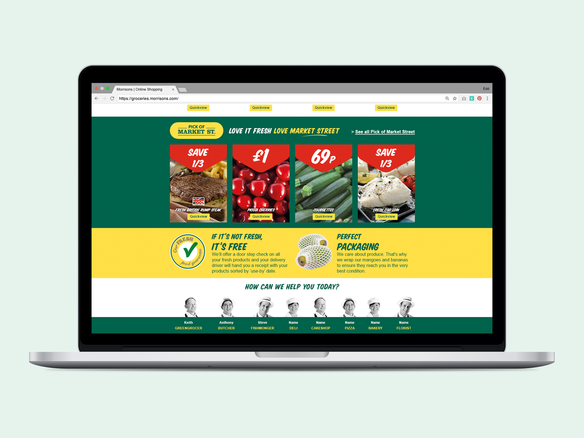Latest offers, brand promises and links out to specialist produce sections.
