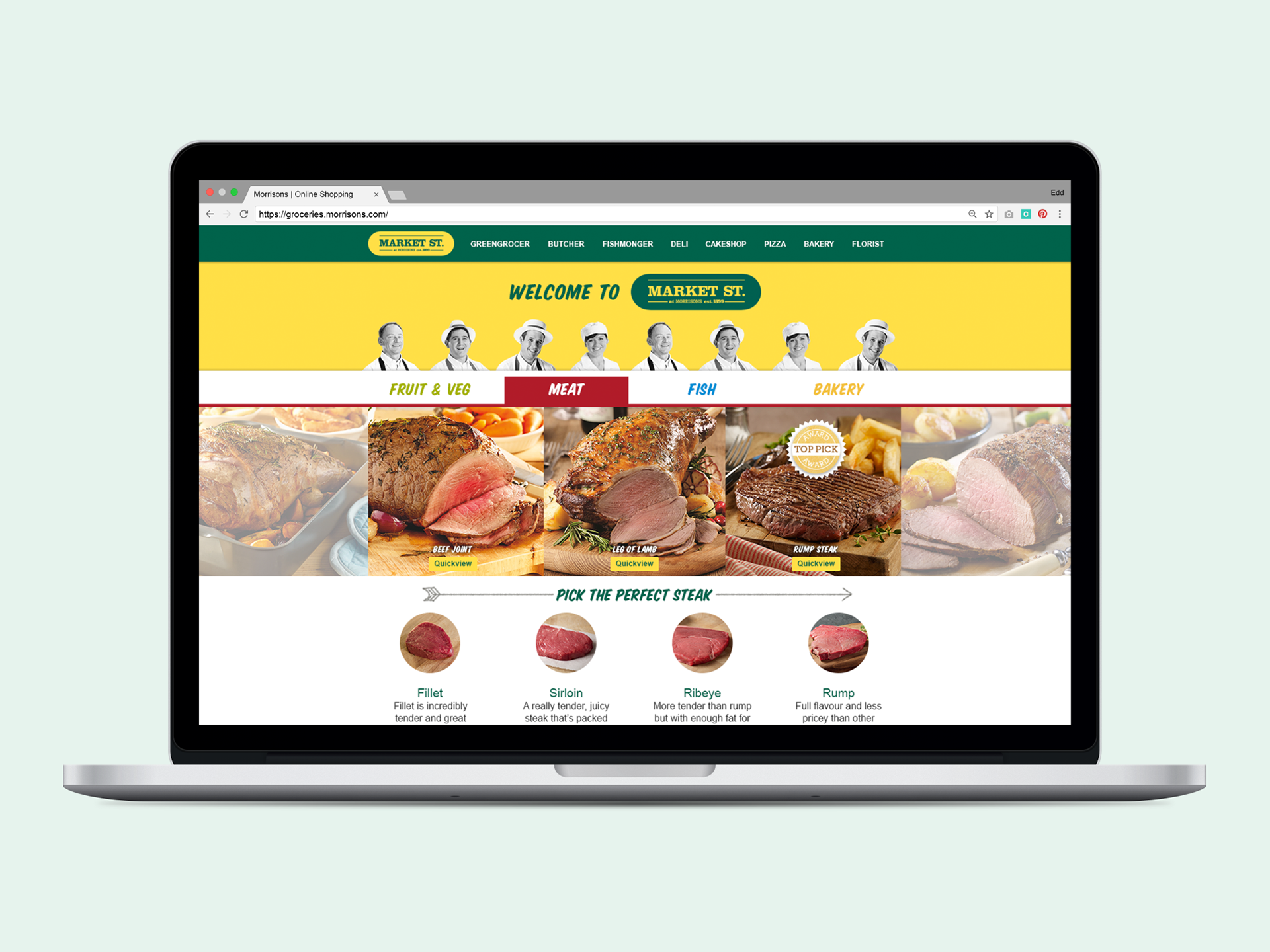 Market Street landing page mimicking the hierarchy of in-store. Meat 'aisle' active.