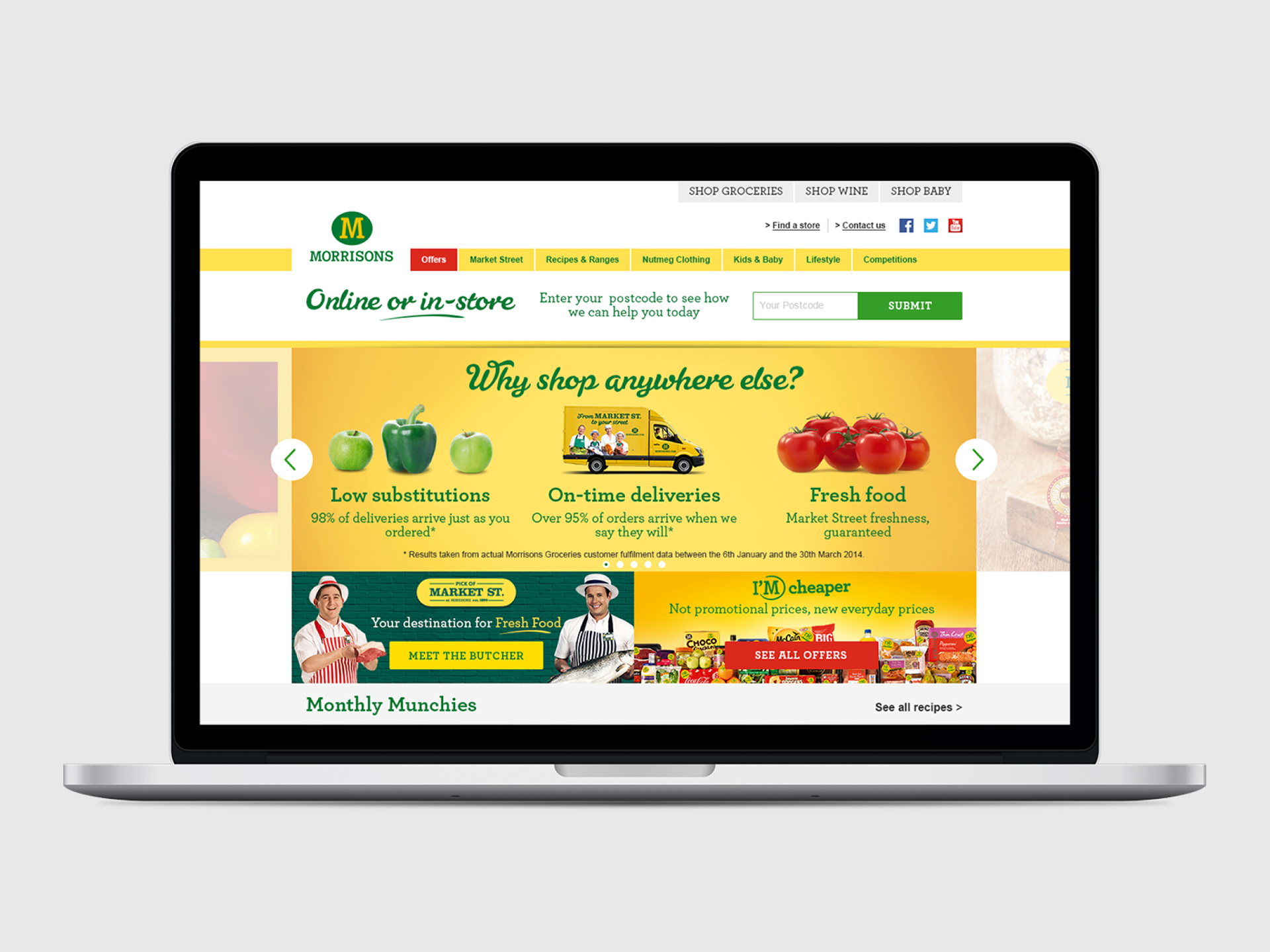 Hero section of landing page with postcode checker, promotional carousel and links to high priority product ranges.