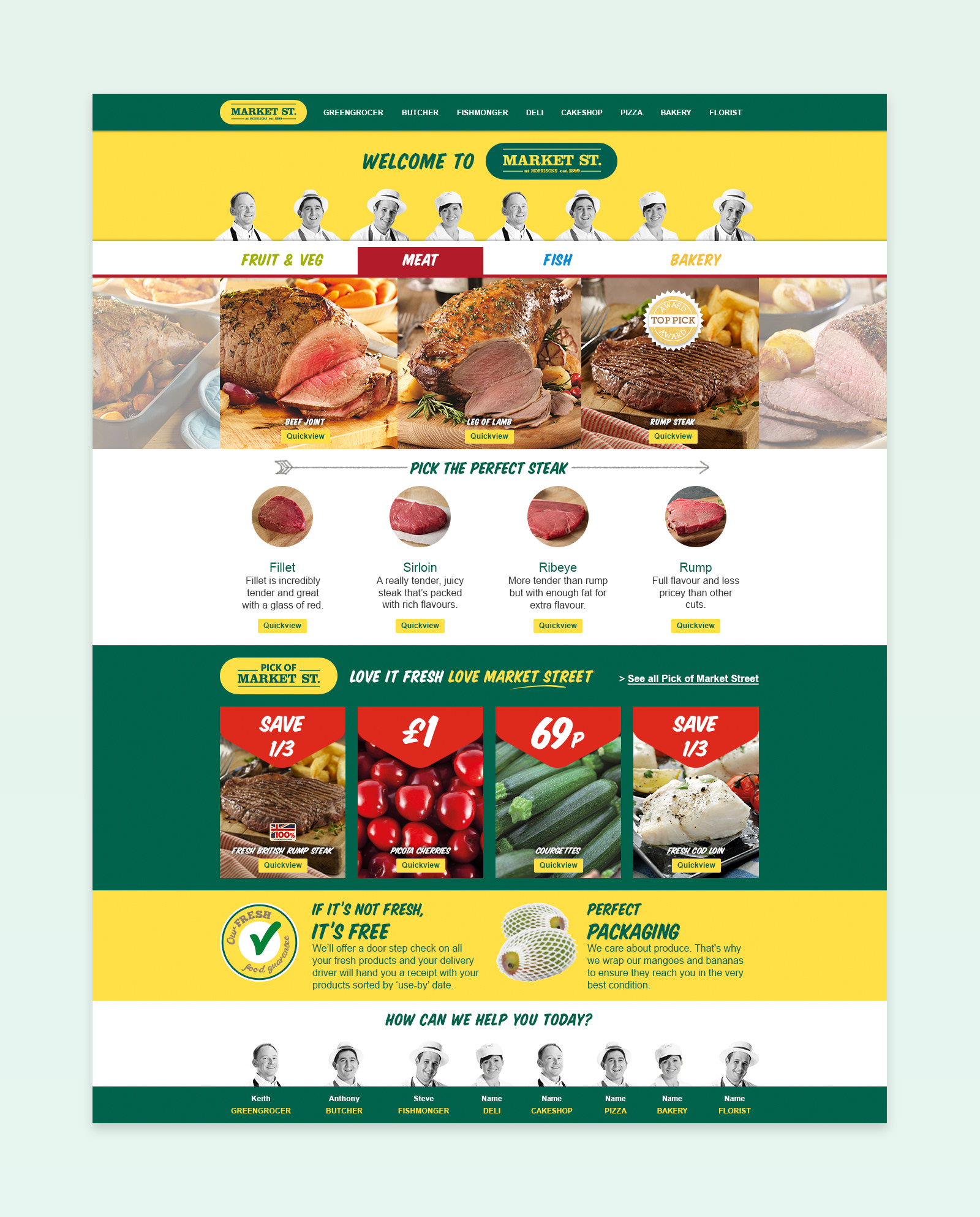 Market Street landing page mimicking the hierarchy of in-store. Meat 'aisle' active.