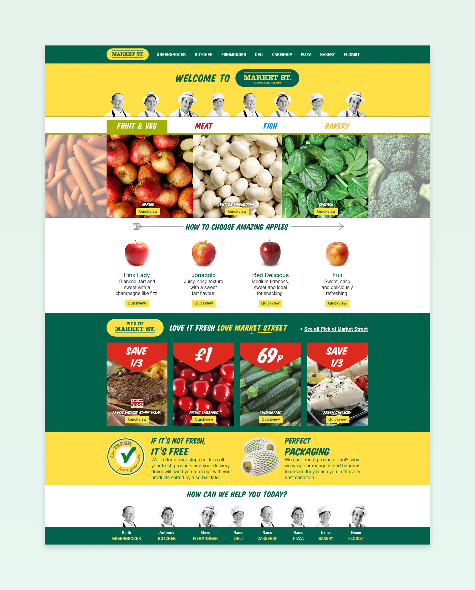 Market Street landing page mimicking the hierarchy of in-store. Fruit and veg 'aisle' active.