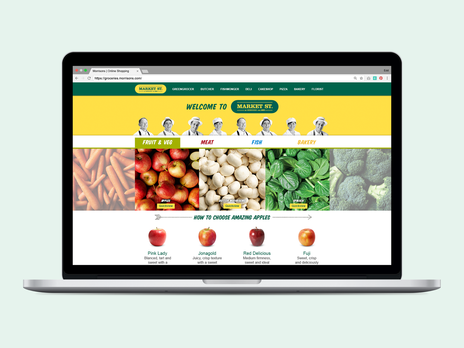 Market Street landing page mimicking the hierarchy of in-store. Fruit and veg 'aisle' active.