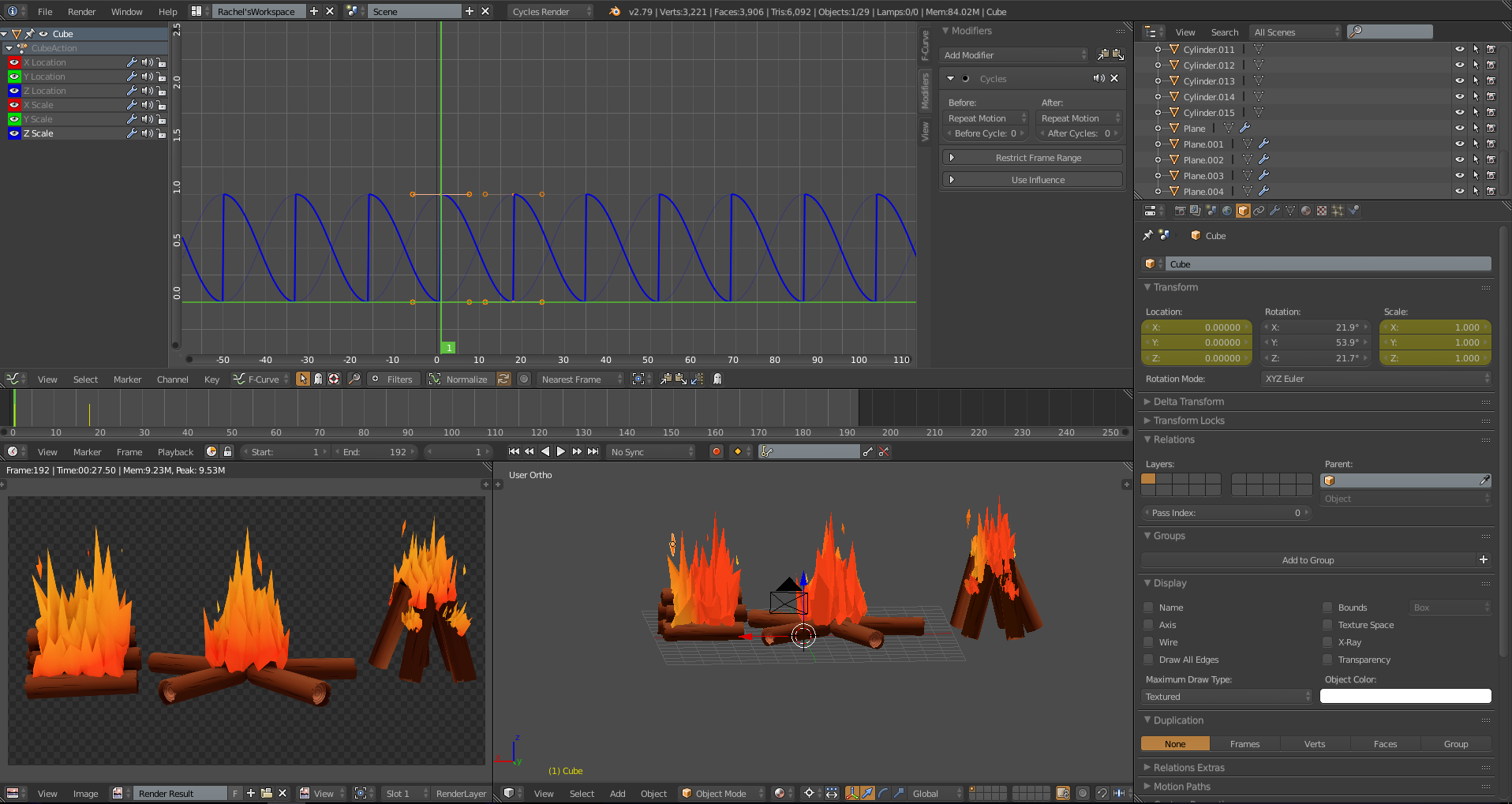 Created logs and looping fire animation in Blender