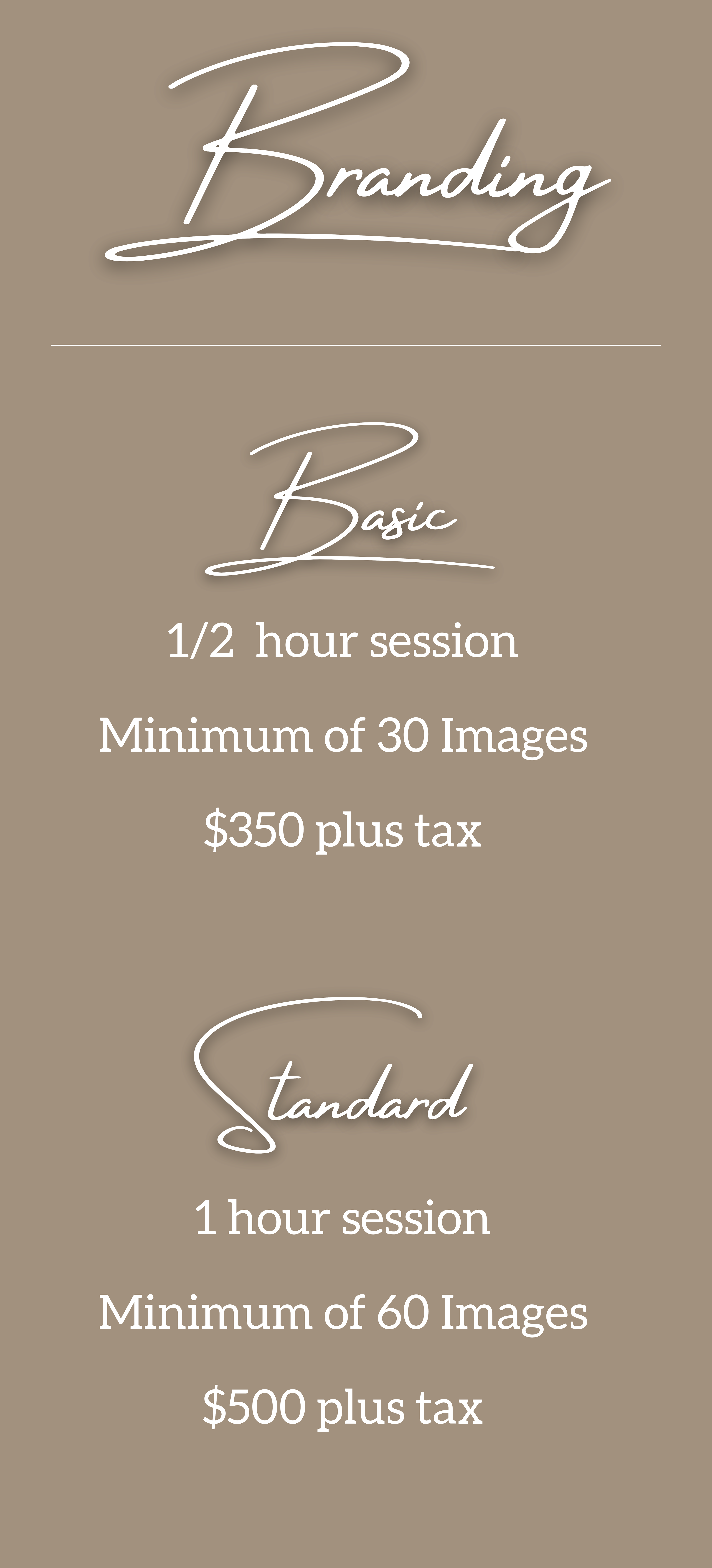 Branding Packages: Basic 1/2  hour session Minimum of 30 Images $350 plus tax, Standard  1 hour session Minimum of 60 Images $500 plus tax
