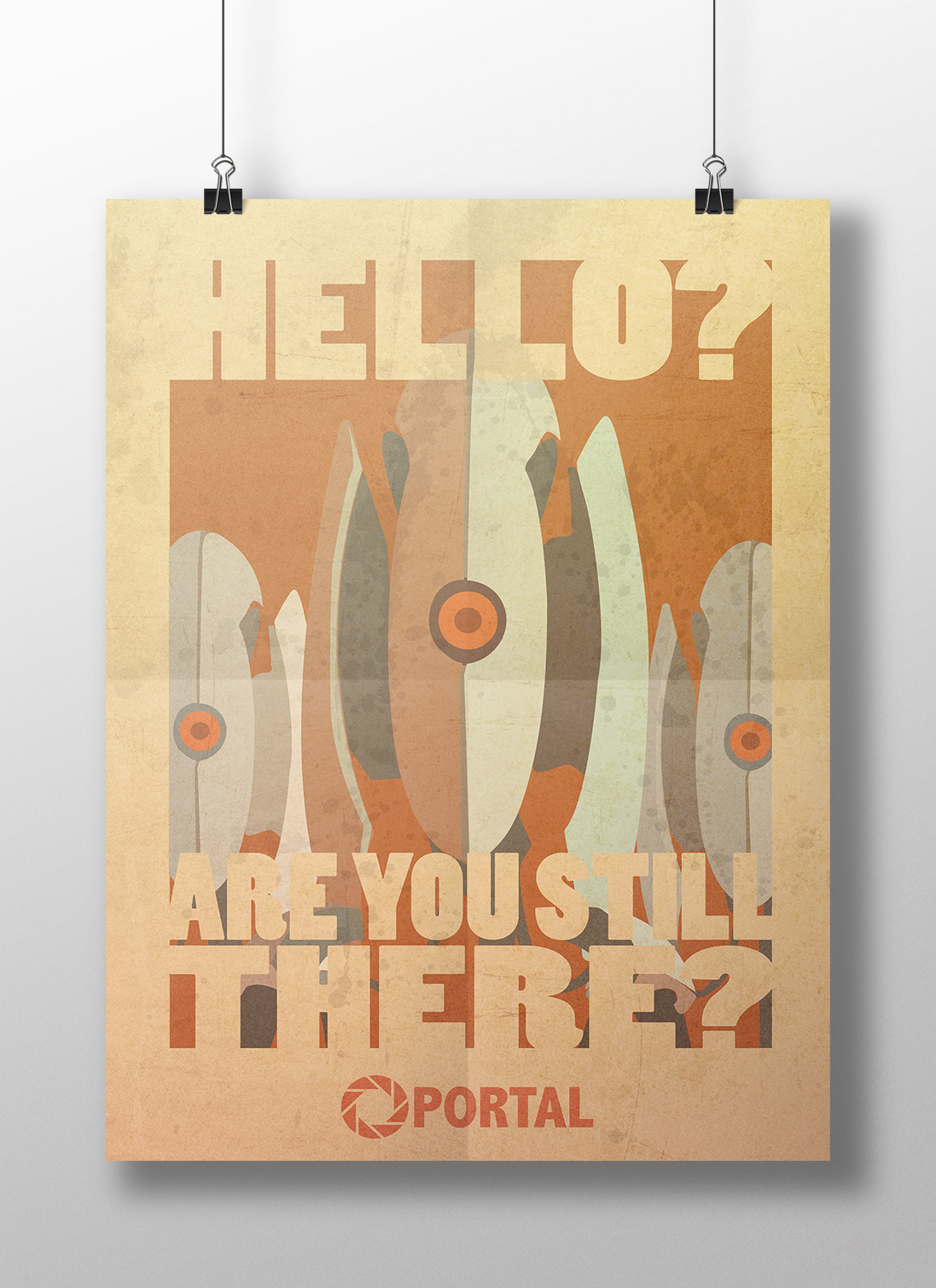 Poster of 3 turrets from the game Portal, displaying text "Hello? Are you still there?"