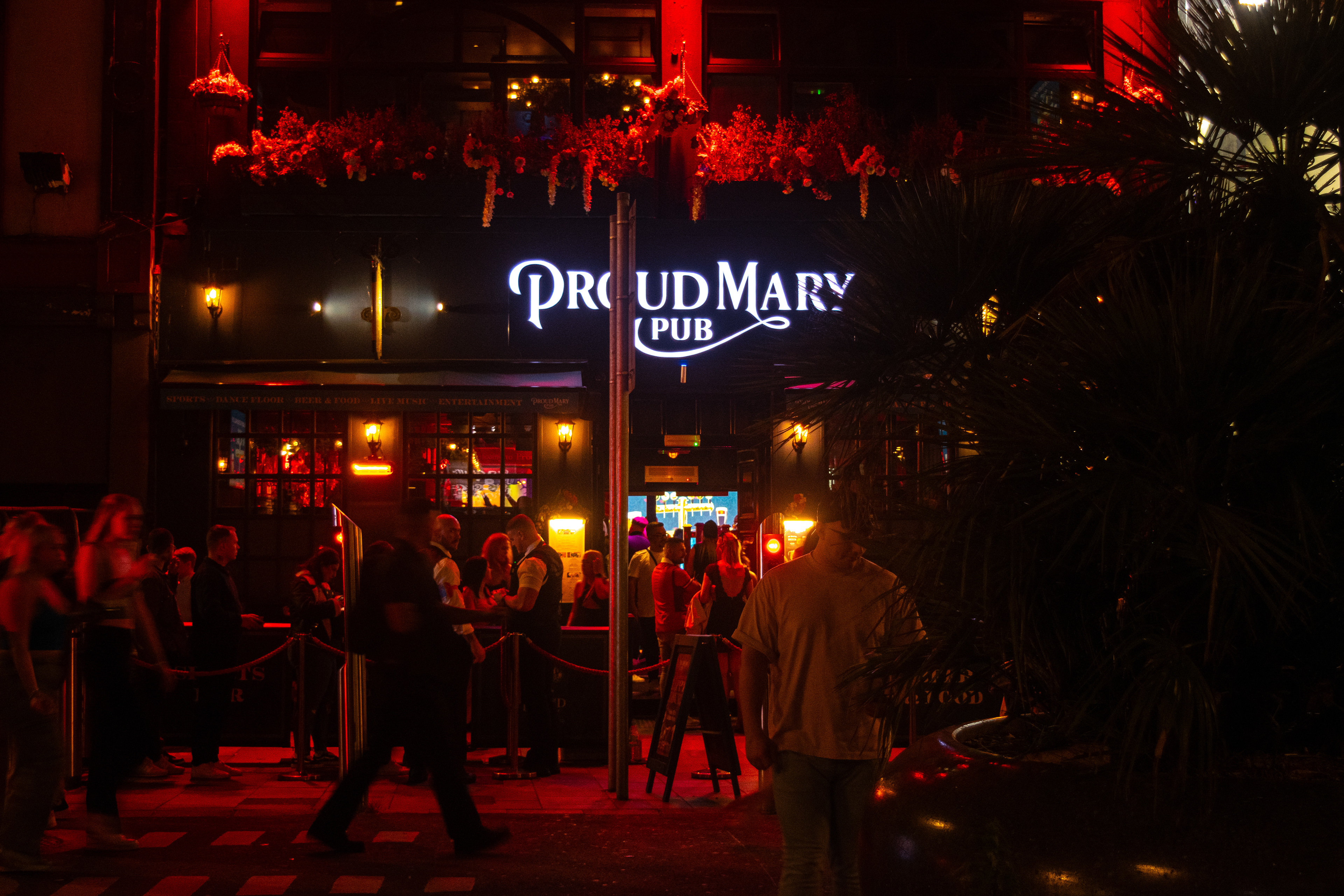 The bouncers check the IDs in the waiting line of the pub.