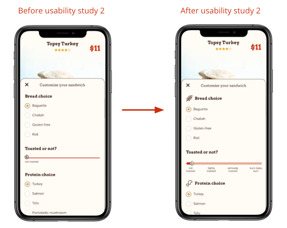 another mockup of 2 screens, before and after the usability studies