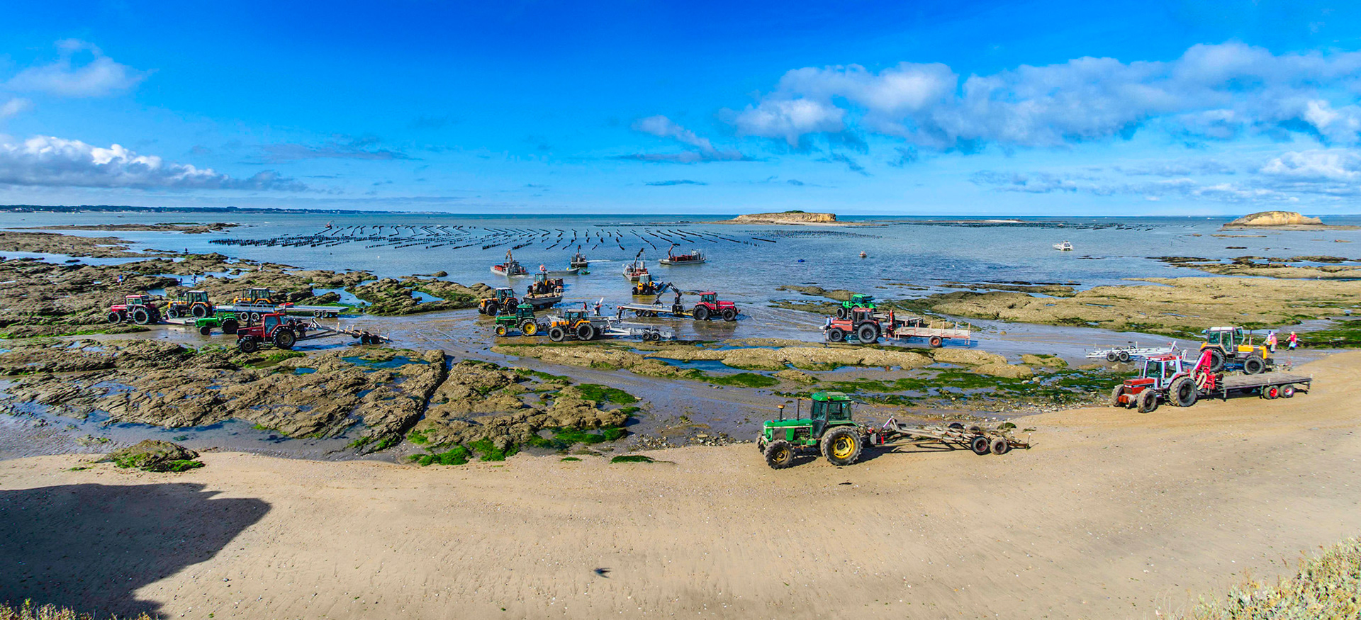 Départ pour la récolte de moules pointe du Bill à Pénestin en Loire Atlantique.