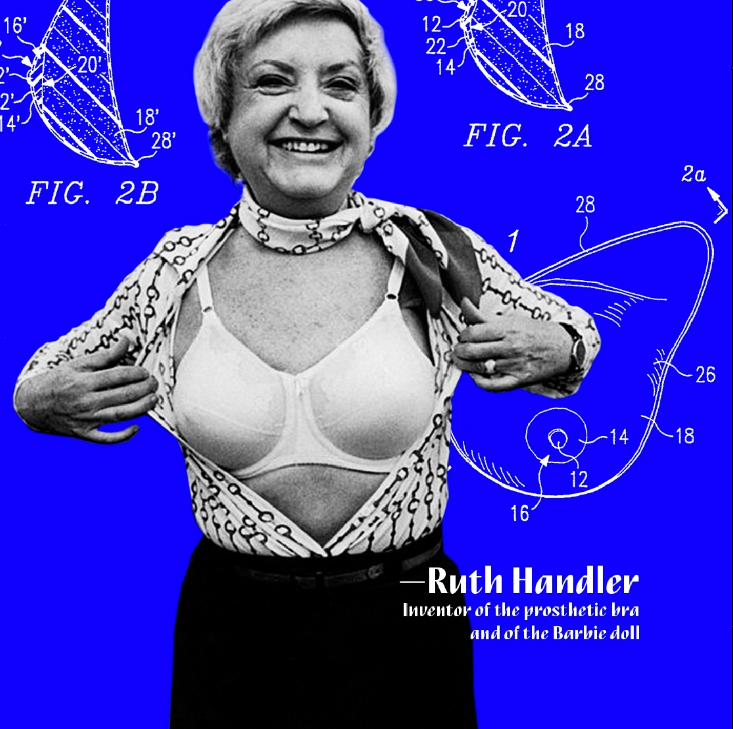 Ruth Hadler, creator of barbie is showing the bra she designed with her former Barbie team after finding that bras for breast cancer survivors were subpar. The backgroudn shows her patent for the bra. 