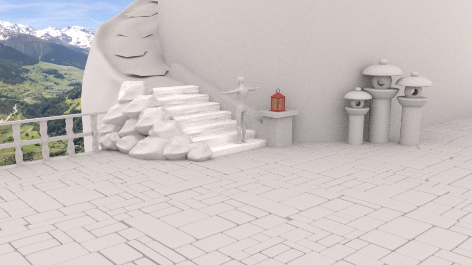adding details - stone statues, fence & background