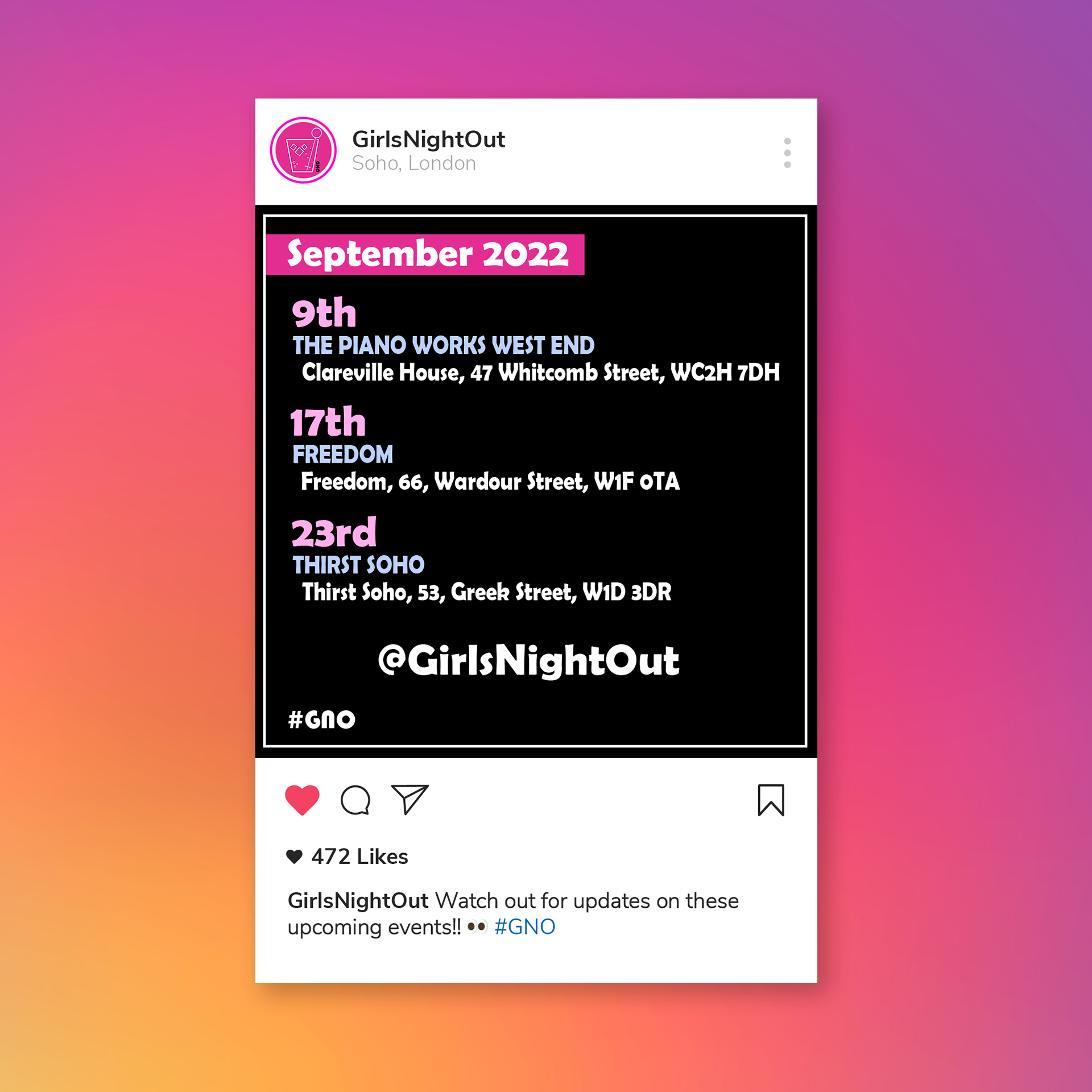 GNO events schedule September 2022
