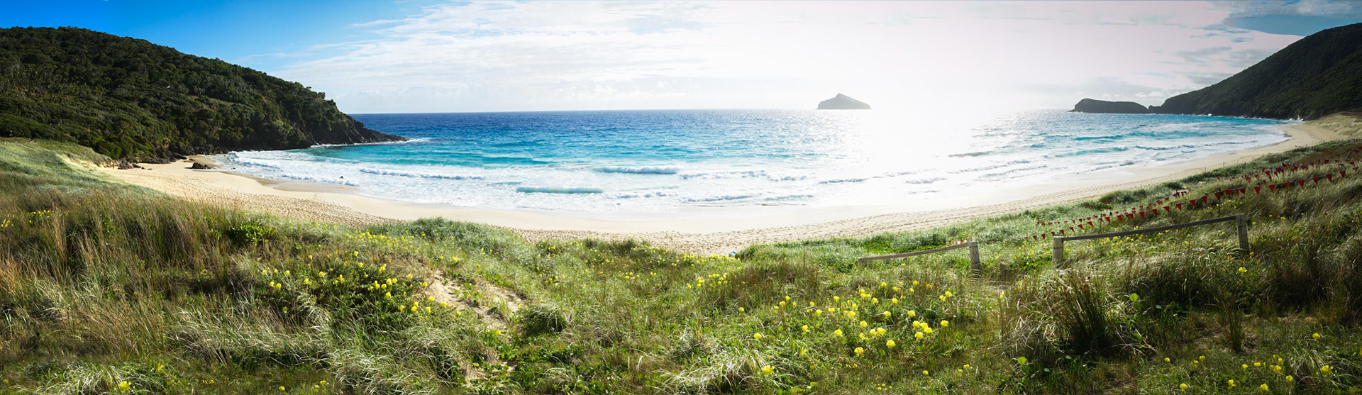 Panorama of Blinky's Beach at sunrise, Lord Howe Island