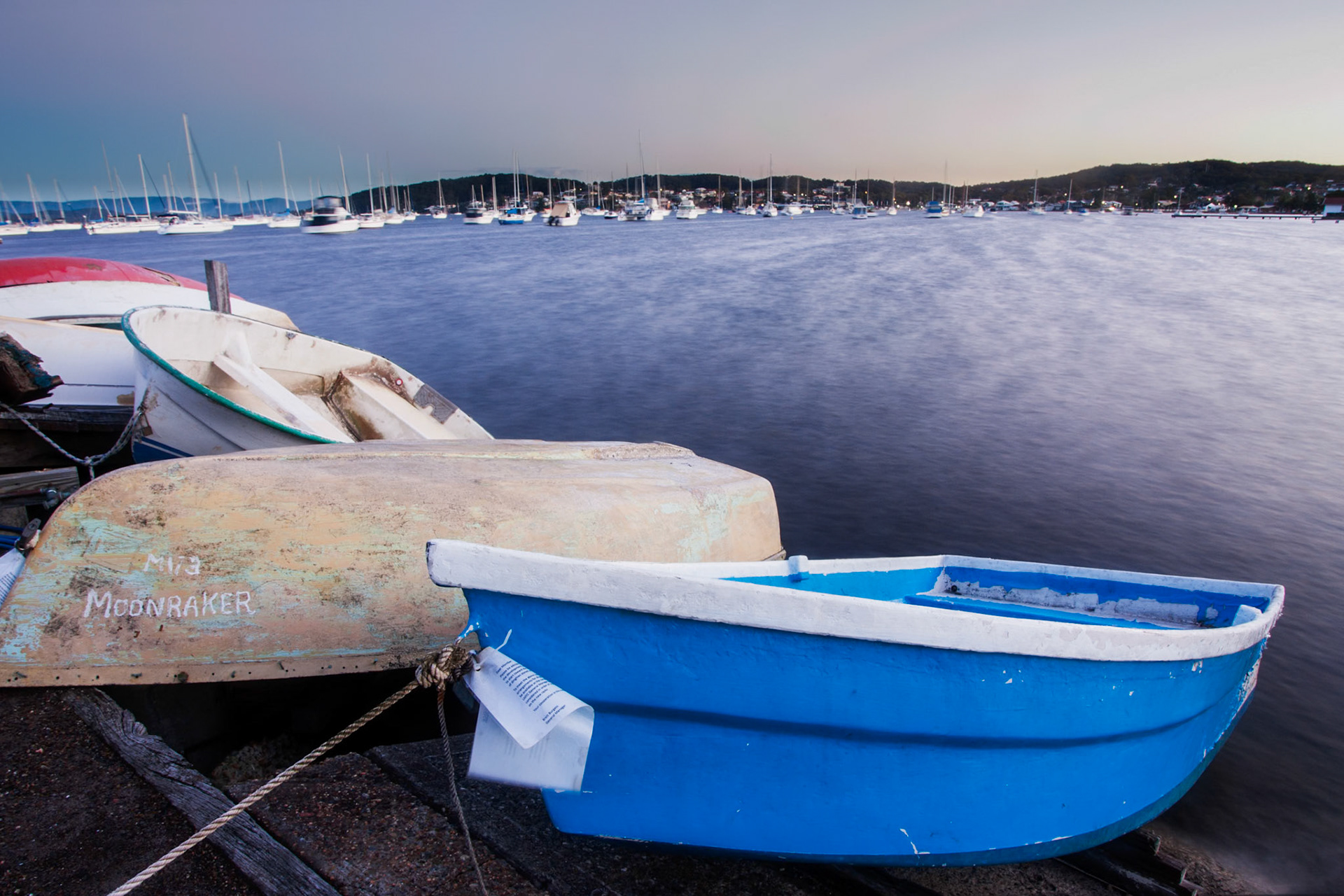 Early morning photograph of boats at the Belmont Yacht Club, Lake Macquarie.