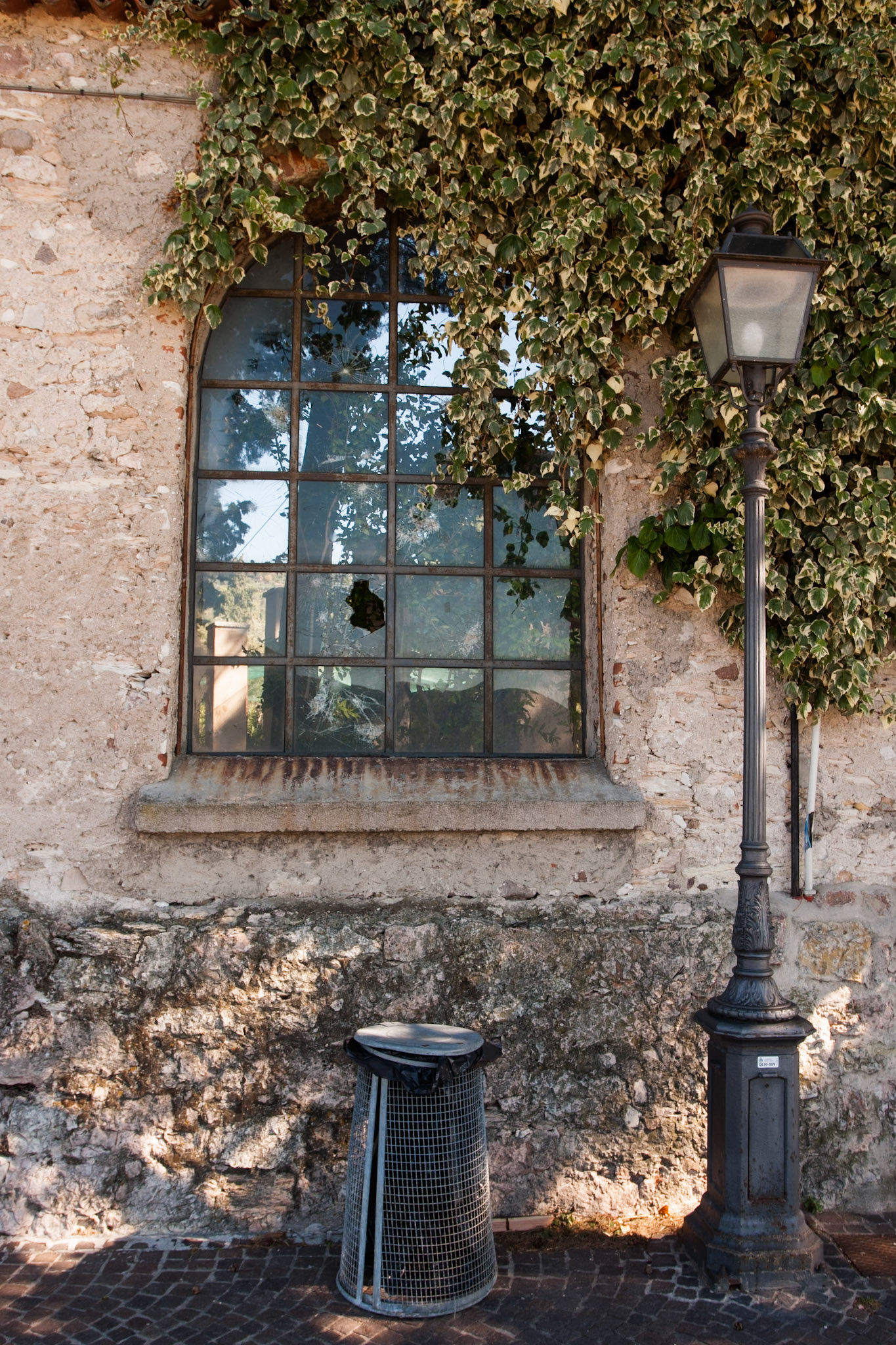 A broken window, Ivy, lamppost and dustbin. A street scene in Torri del Benaco, Lake Garda, Italy.