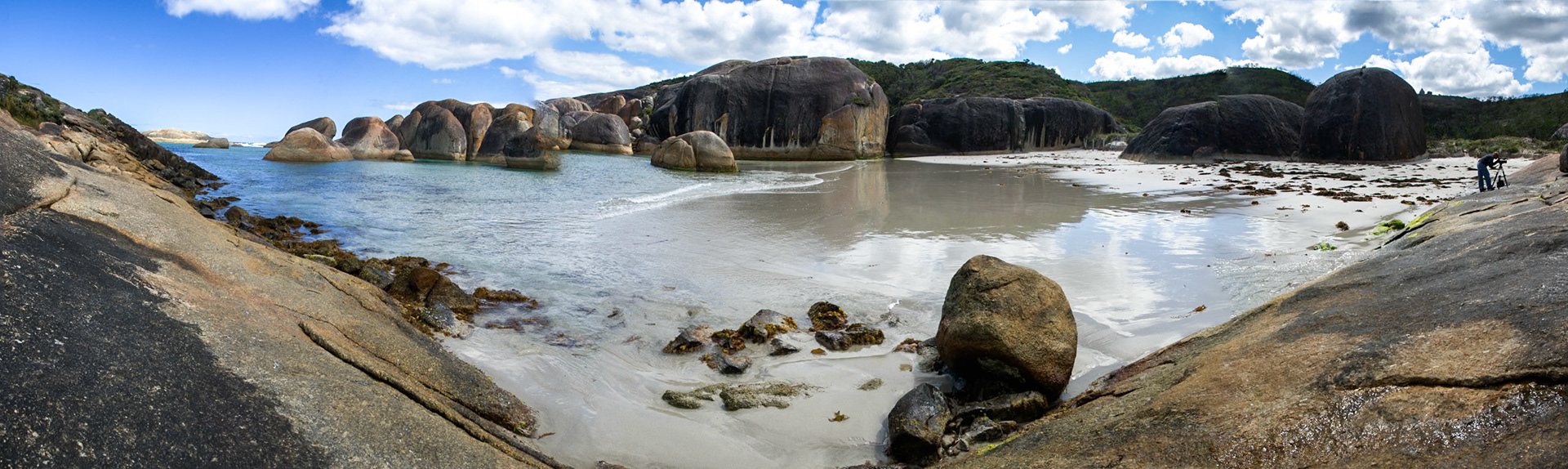 A panorama of a herd of elephants turned into rocks. The clsoest we will come to wild elephants in Australia.