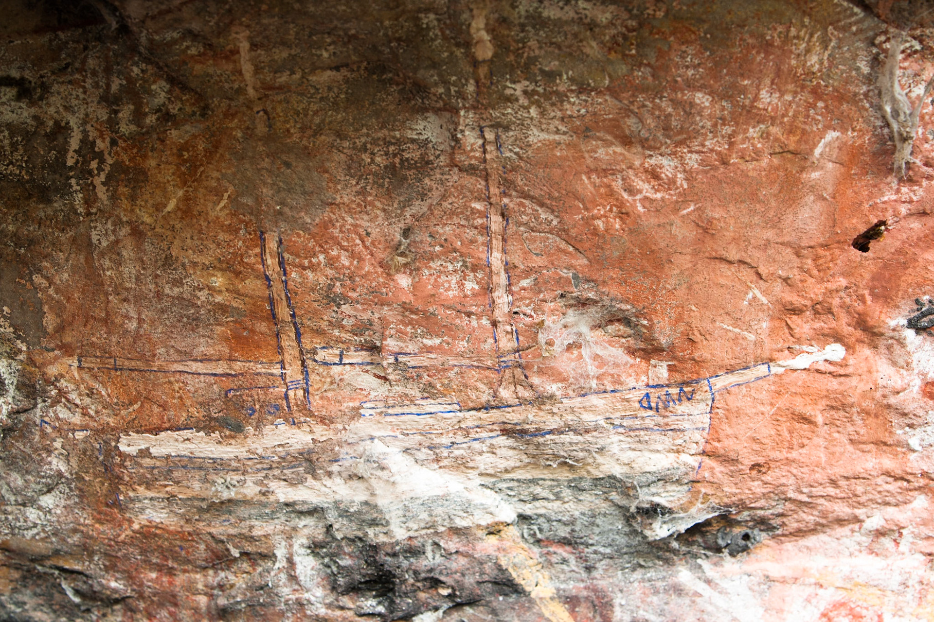 Rock-art ship marked "DMN", perhaps "Darwin", Mount Borradale, Arnhemland, Northern Territory