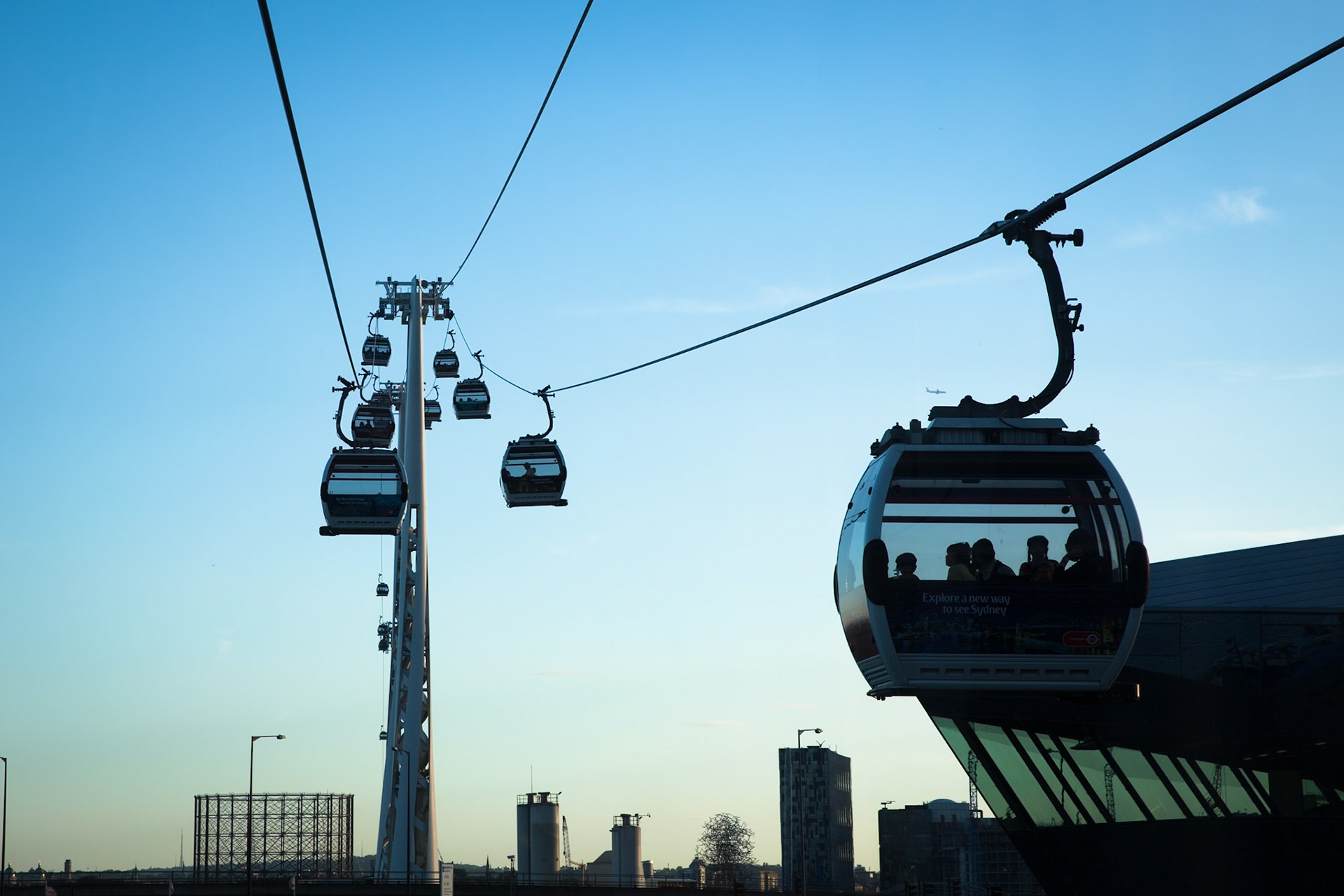 Emirates Air Line cable car connecting North Greenwich and the Royal Docks, London