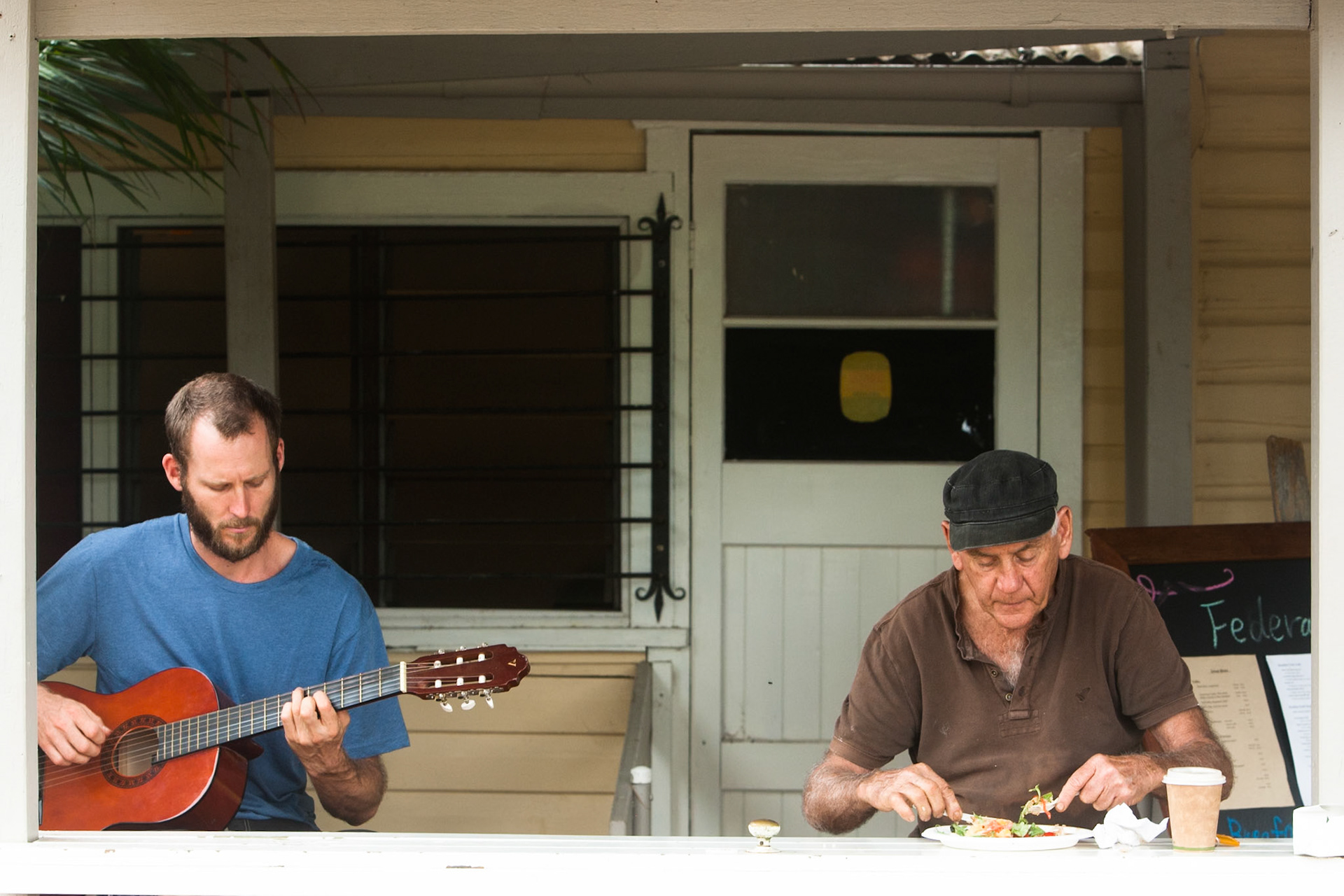 Burger and salad to music, Federal, near Byron Bay, Australia