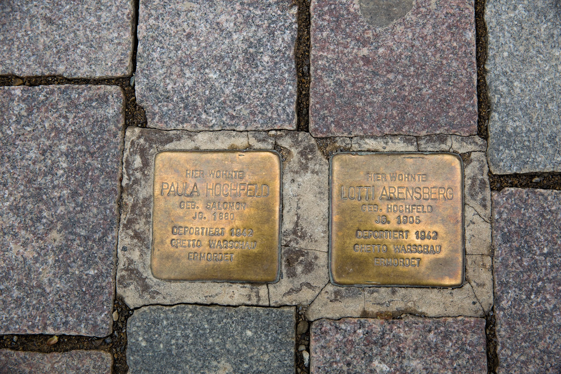 Stoplersteine in memory of my grandmother Paula Hochfeld and my aunt Lotti Arensberg (Hochfeld) outside 114 Mittelstrasse, Lemgo