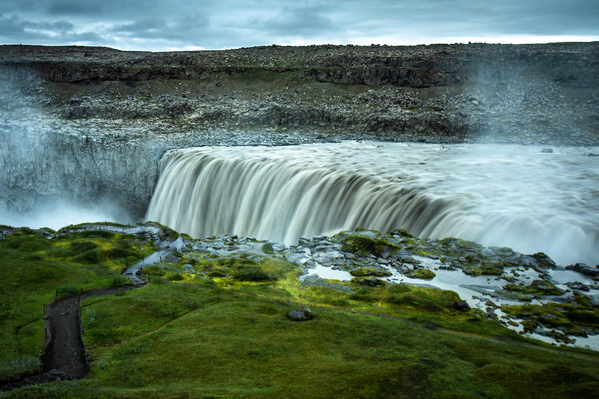 Dettifoss waterfall, Iceland. Krafla volcanic area, near Mývatn. Dettifoss, in Northeast Iceland, is the second most powerful waterfall in Europe after the Rhine Falls.