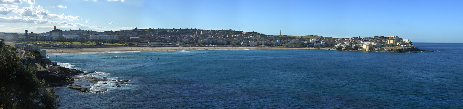Panorama of Bondi beach showing Ben Buckler and North Bondi.
