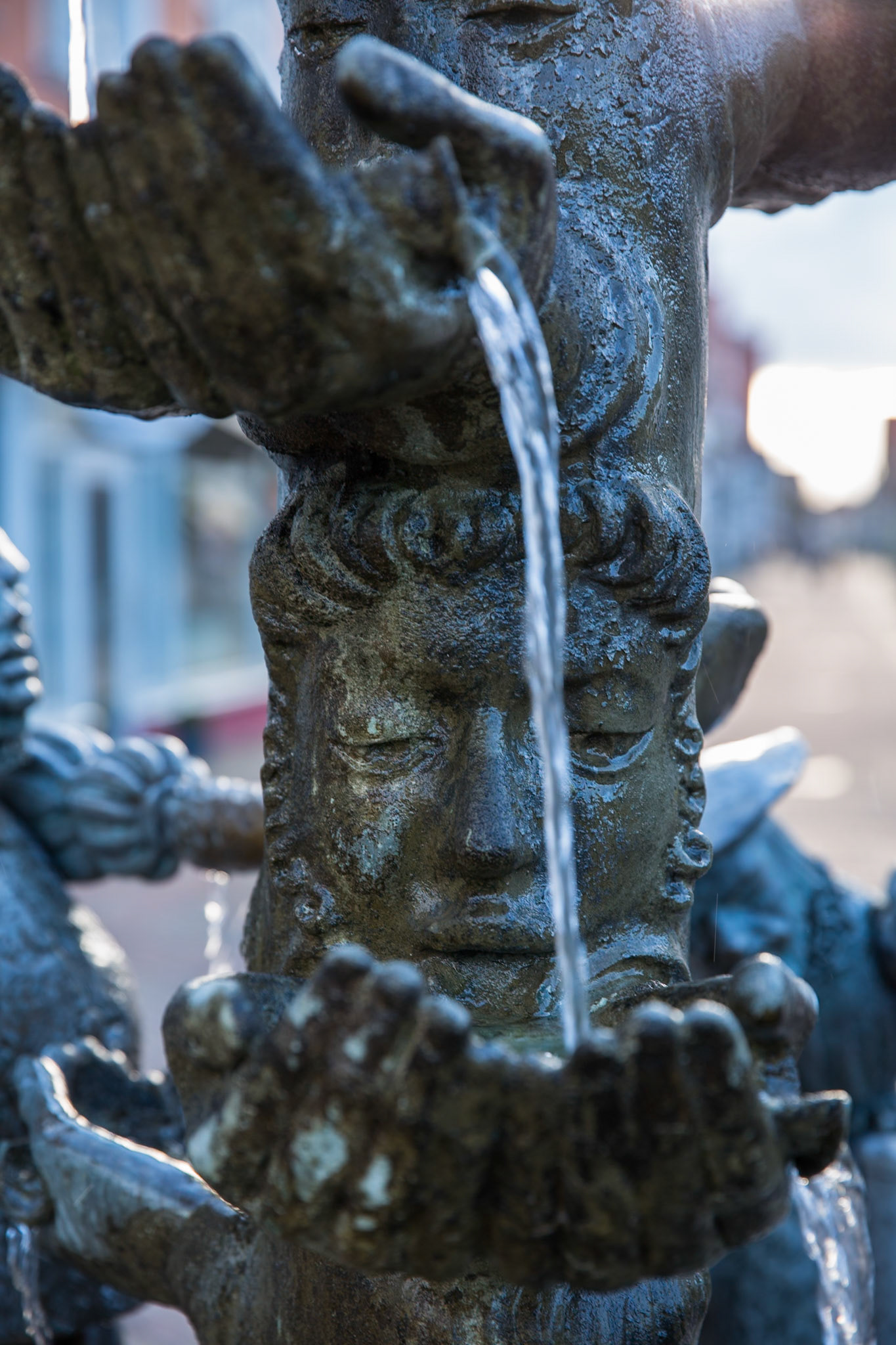 Kanzlerbrunnen, Chancellor Fountain, Lemgo. Built  to commemorate the beer wars in the 17th century following the introduction of a drinking tax. Adorned with a beer barrel and drinking faces. By Bonnifatius Stirnberg 1977.