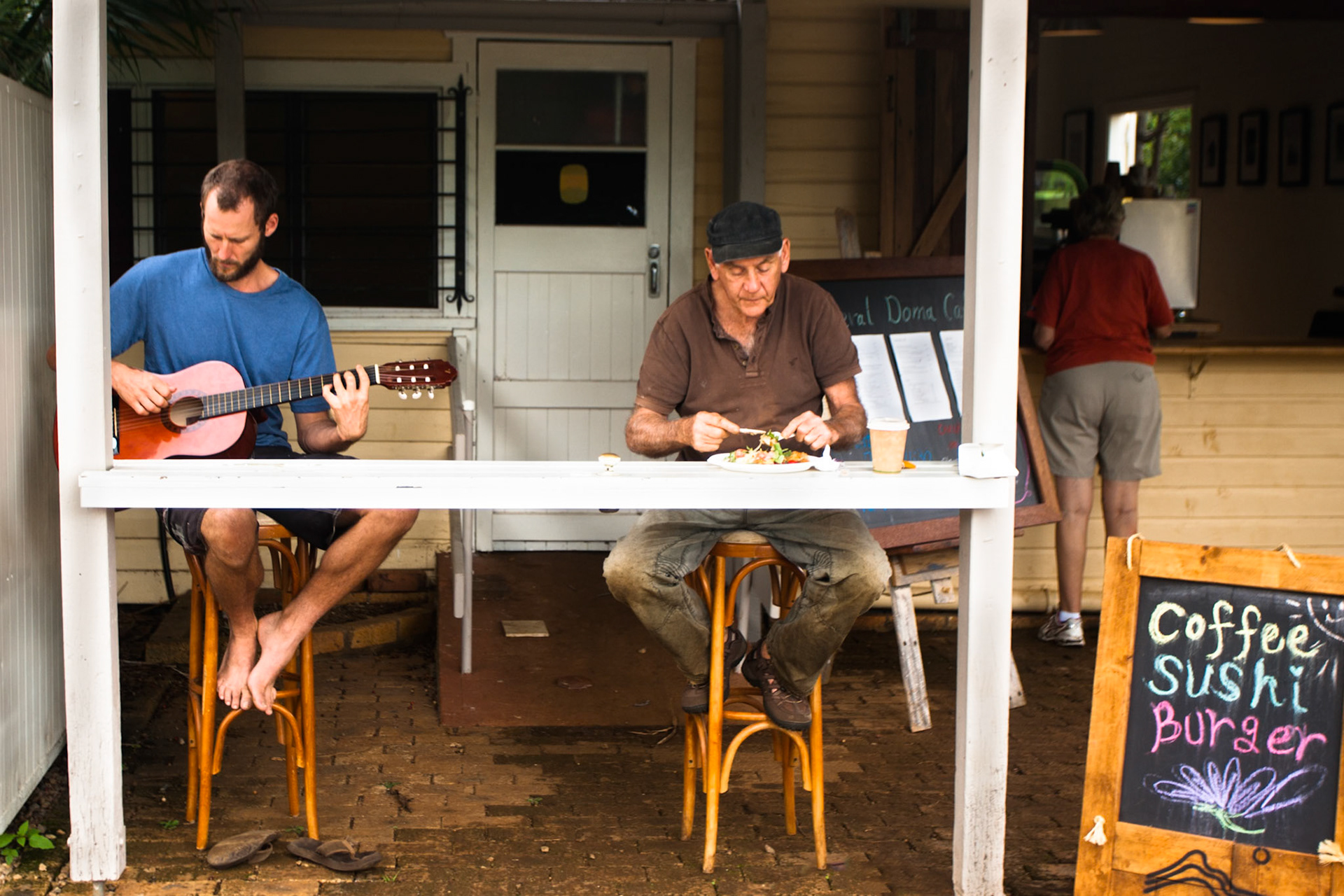 Coffee, sushi and burgers- to music, Federal, New South Wales, near Byron Bay, Australia