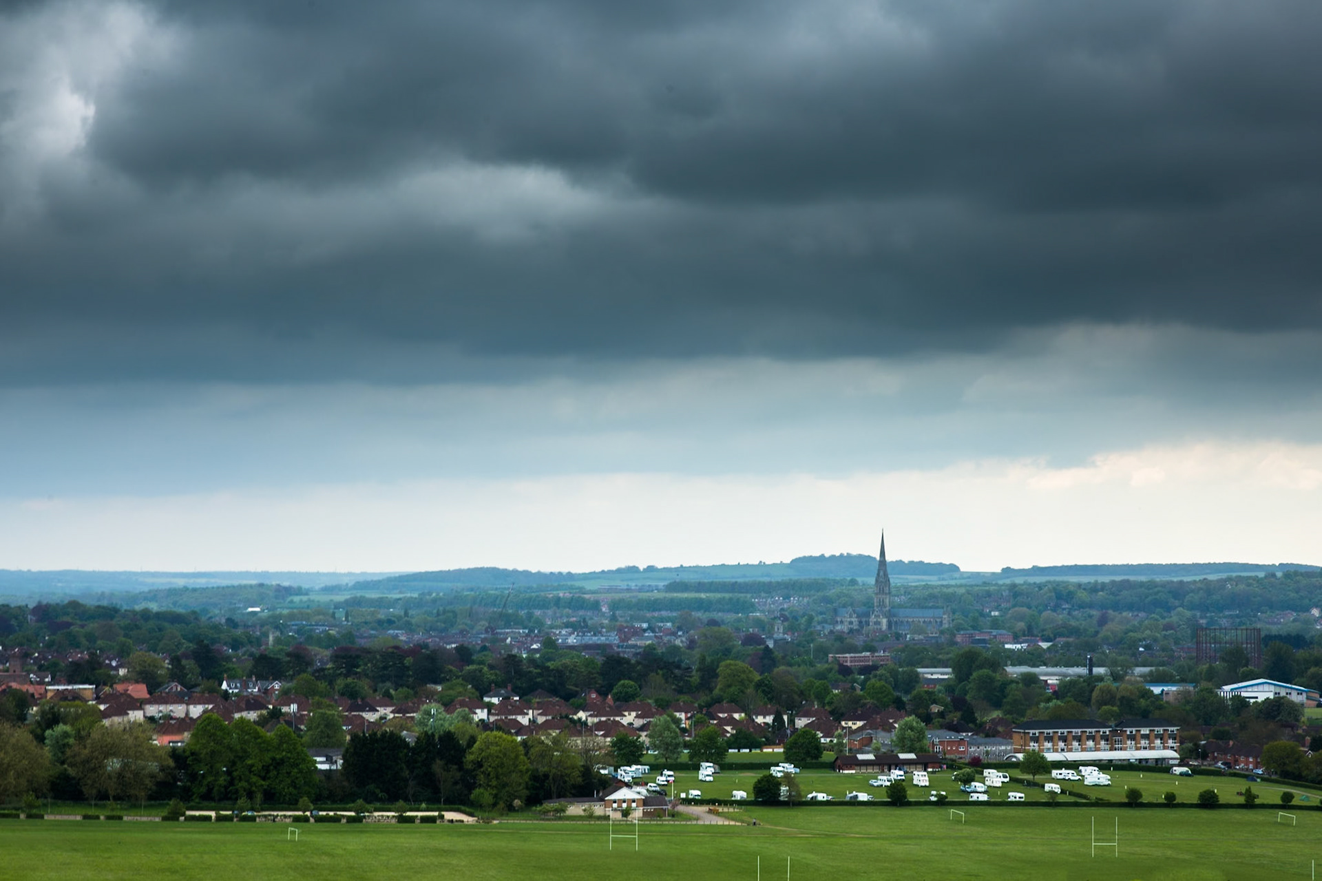 Salisbury from Old Sarum. Old Sarum, is the site of the earliest settlement of Salisbury in Wiltshire, England. The hilltop shows evidence of Neolithic settlement as early as 3000BC. Stonehenge is nearby.