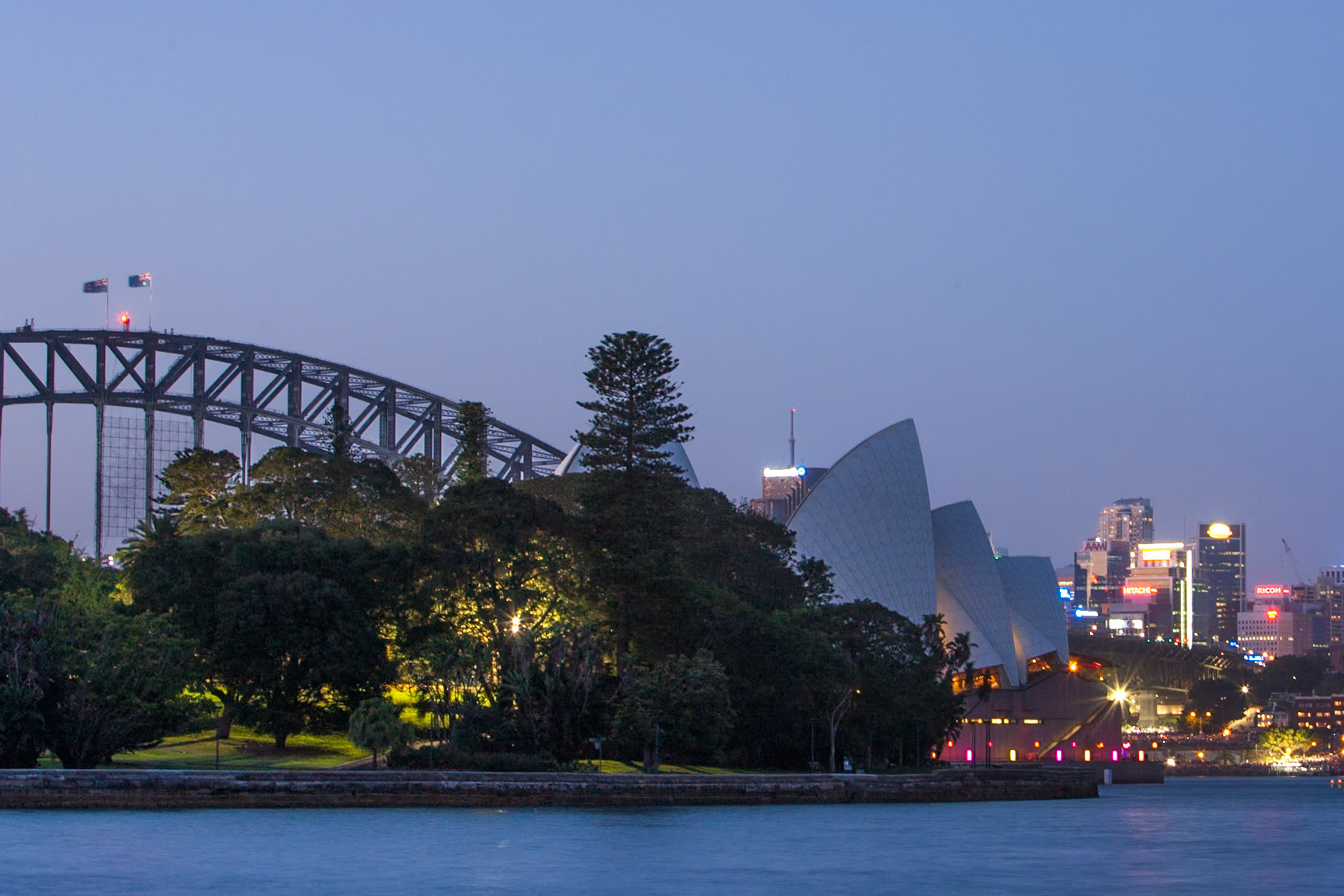 Sydney Harbour Bridge, and the opera house from Farm Cove, National Bortanic Gardens