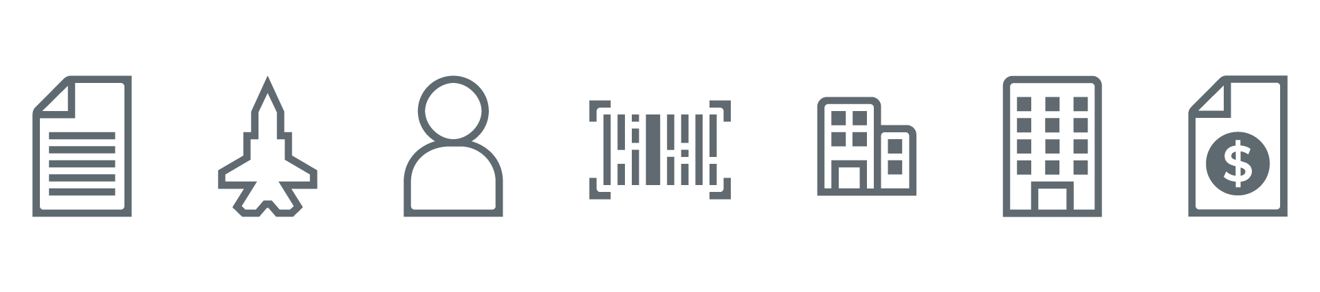 Icons from left to right: document uploader, airplane, person, barcode, small building, large building, and document with a dollar sign