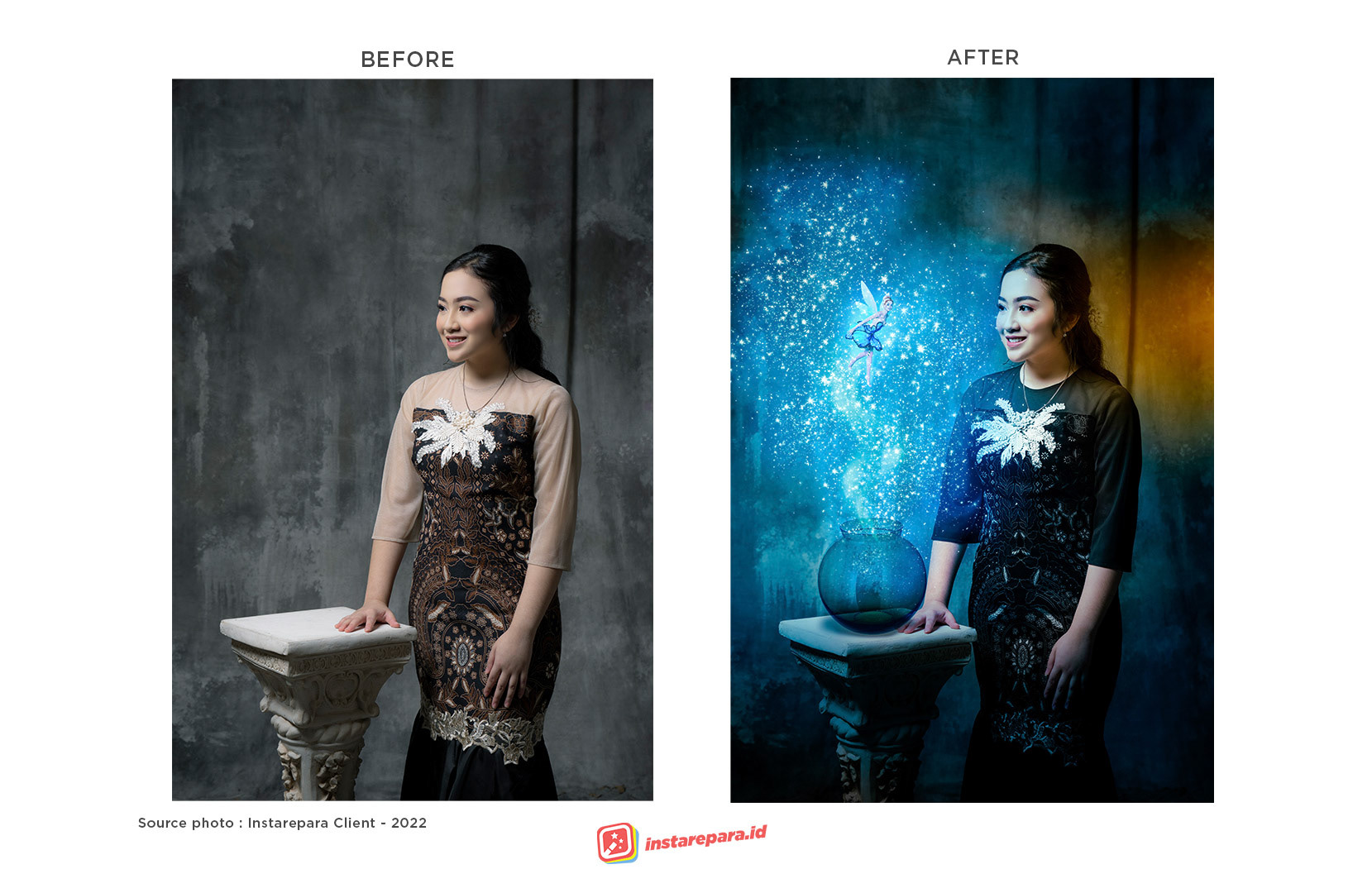 Digital imaging, from a basic studio photo, adding fairy theme according to customer preferences