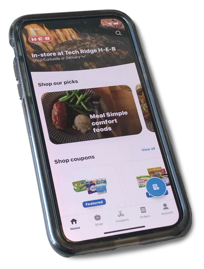 iPhone 10 screen showing the H-E-B app's home screen