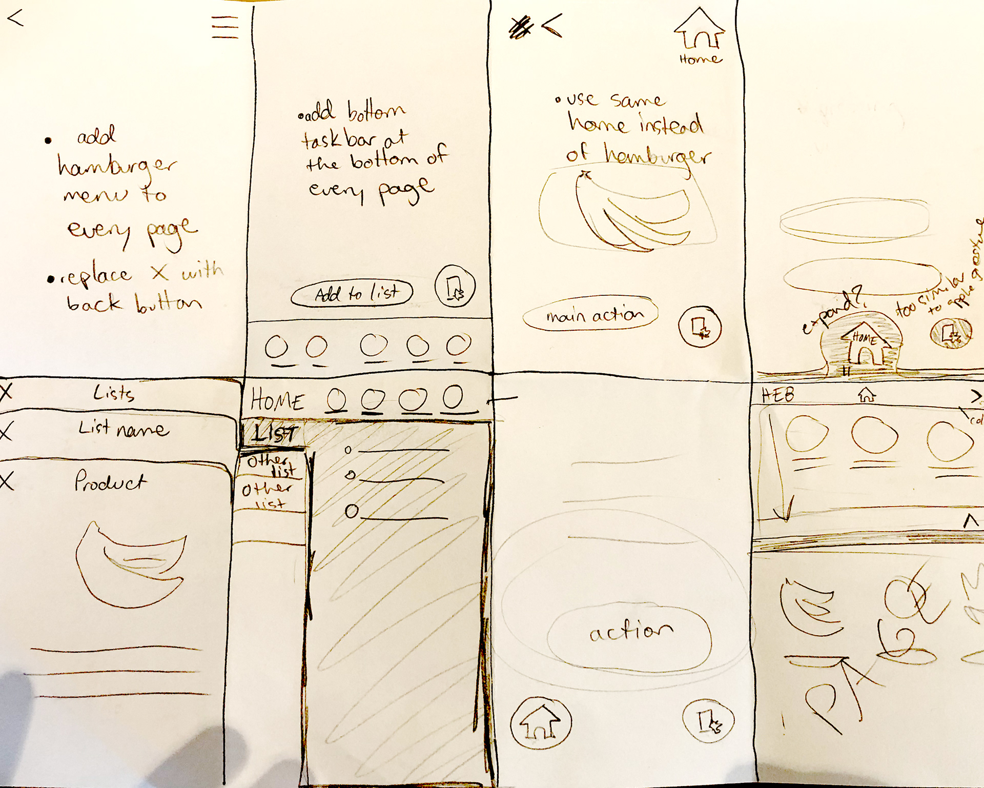 Sheet of paper divided into eight equal parts by penciled lines, and within each section is a screen idea sketched out in pencil