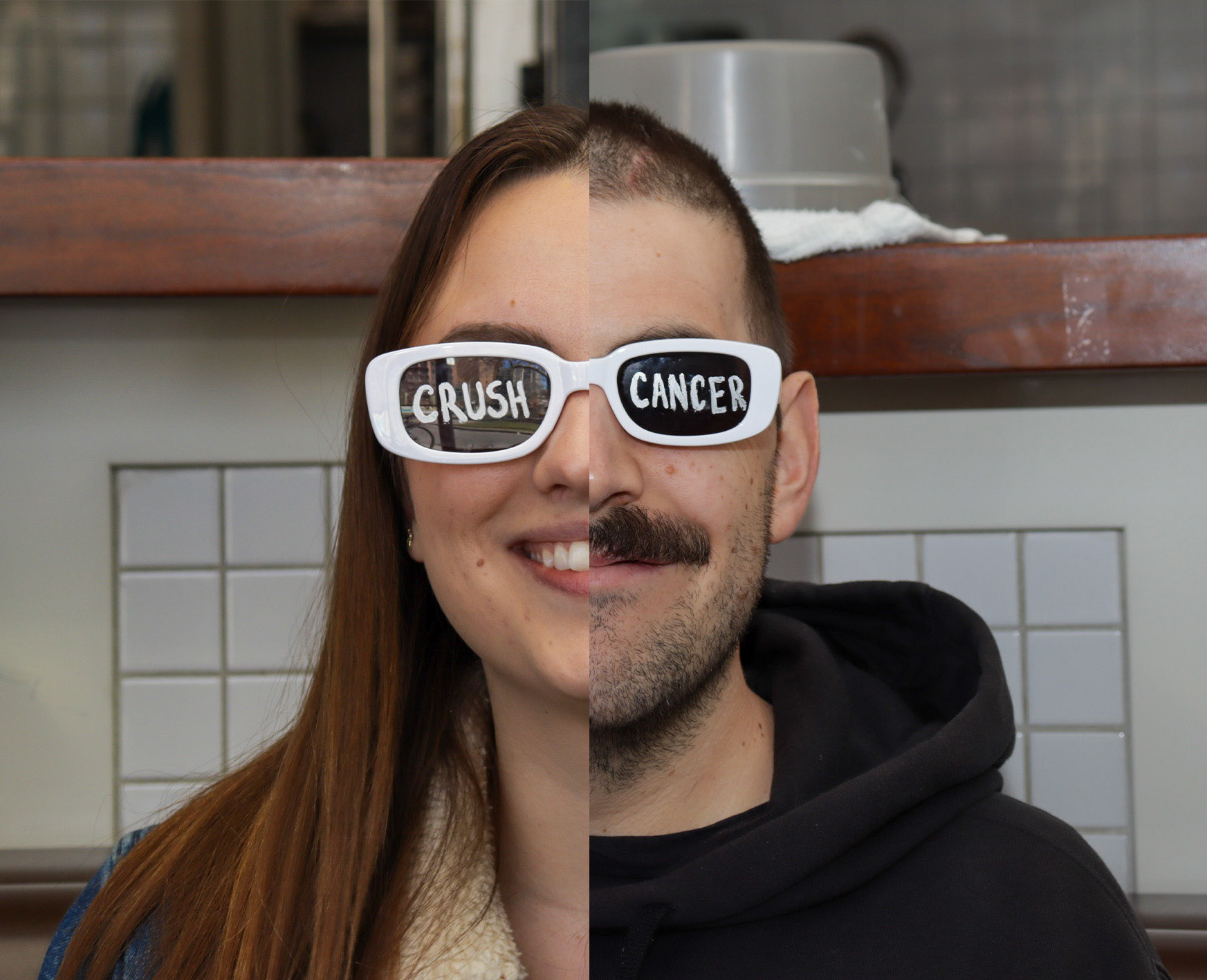 A fun edit of both Lauren Anderson and Geoff Boc wearing the "crush cancer" glasses on April 18, 2024 in Calgary, Alberta. Photo by Jenna Willox