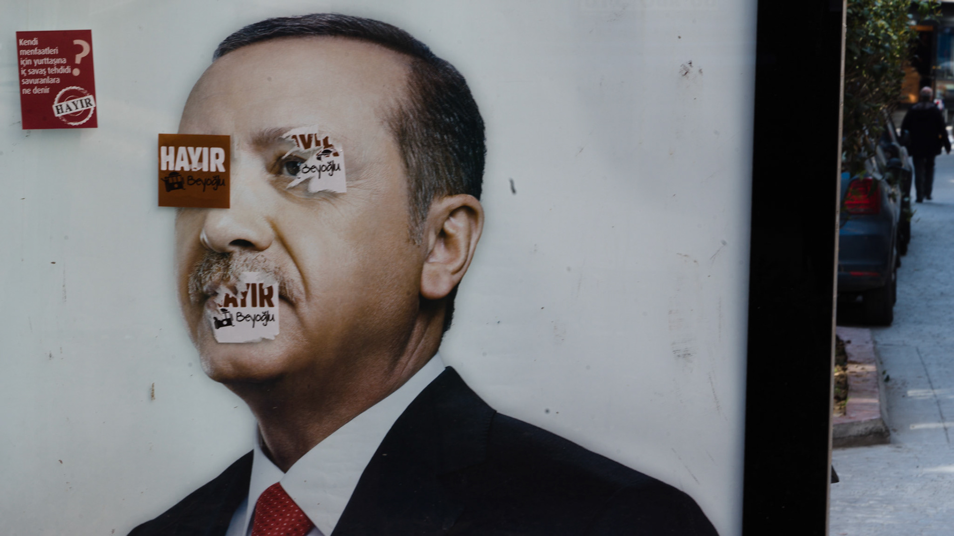 A poster of Turkish President Recep Tayyip Erodoğan is defaced with stickers that read "No" in Istanbul's famously liberal Cihngir neighborhood.