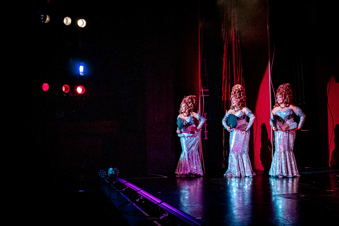 The Divas flourishing their fans during the opening of "Girls Just Wanna Have Fun" - in Chelmsford Amateur Operatic & Dramatic Society's Priscilla, Queen of the Desert, The Musical