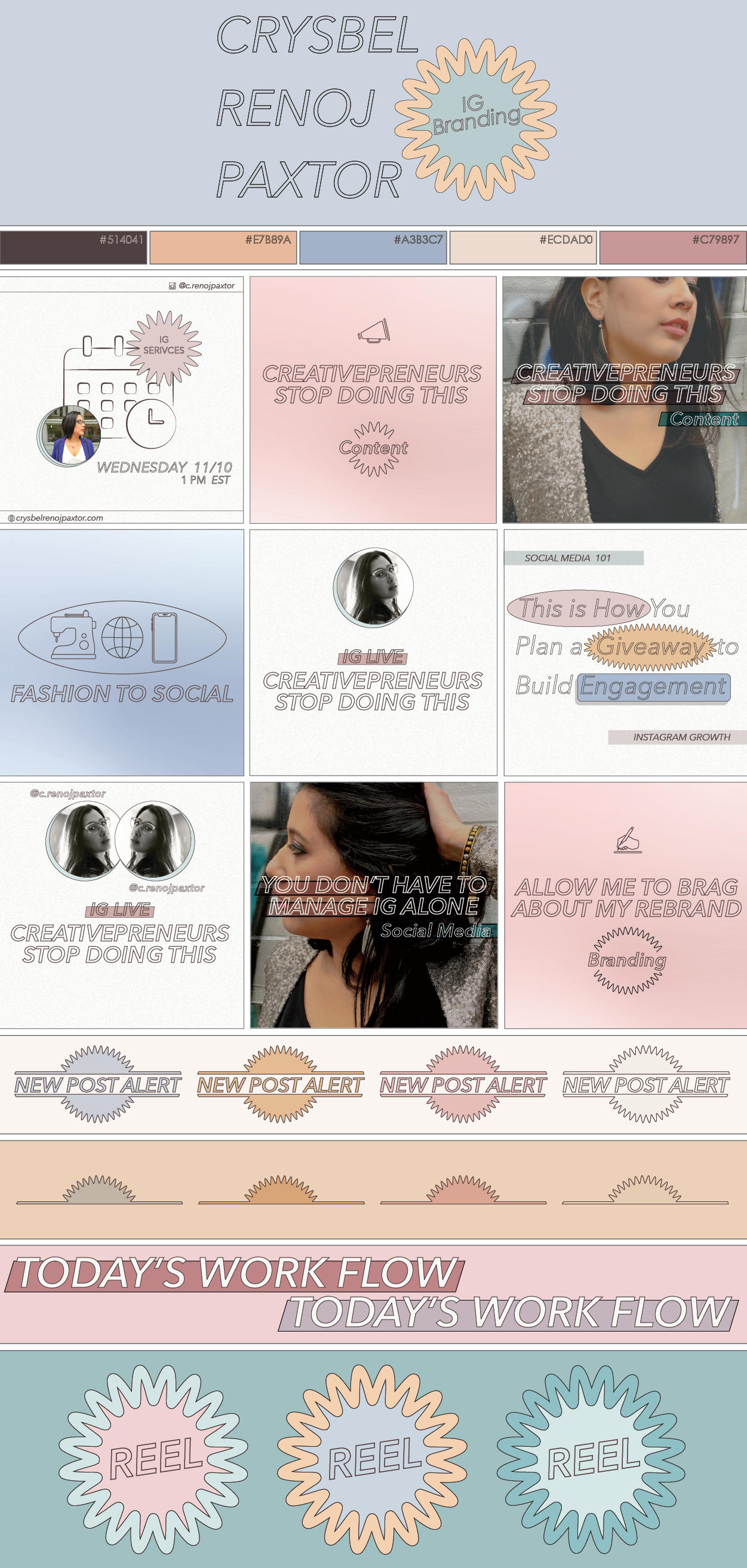 [IMAGE DESCRIPTION]: Designed for a Pinterest post, Brooklyn brand designer Crysbel Renoj Paxtor creates an Instagram grid mock up with bright pastels and earth tone colors for a female creative company featuring icon illustrations and text reel covers. 