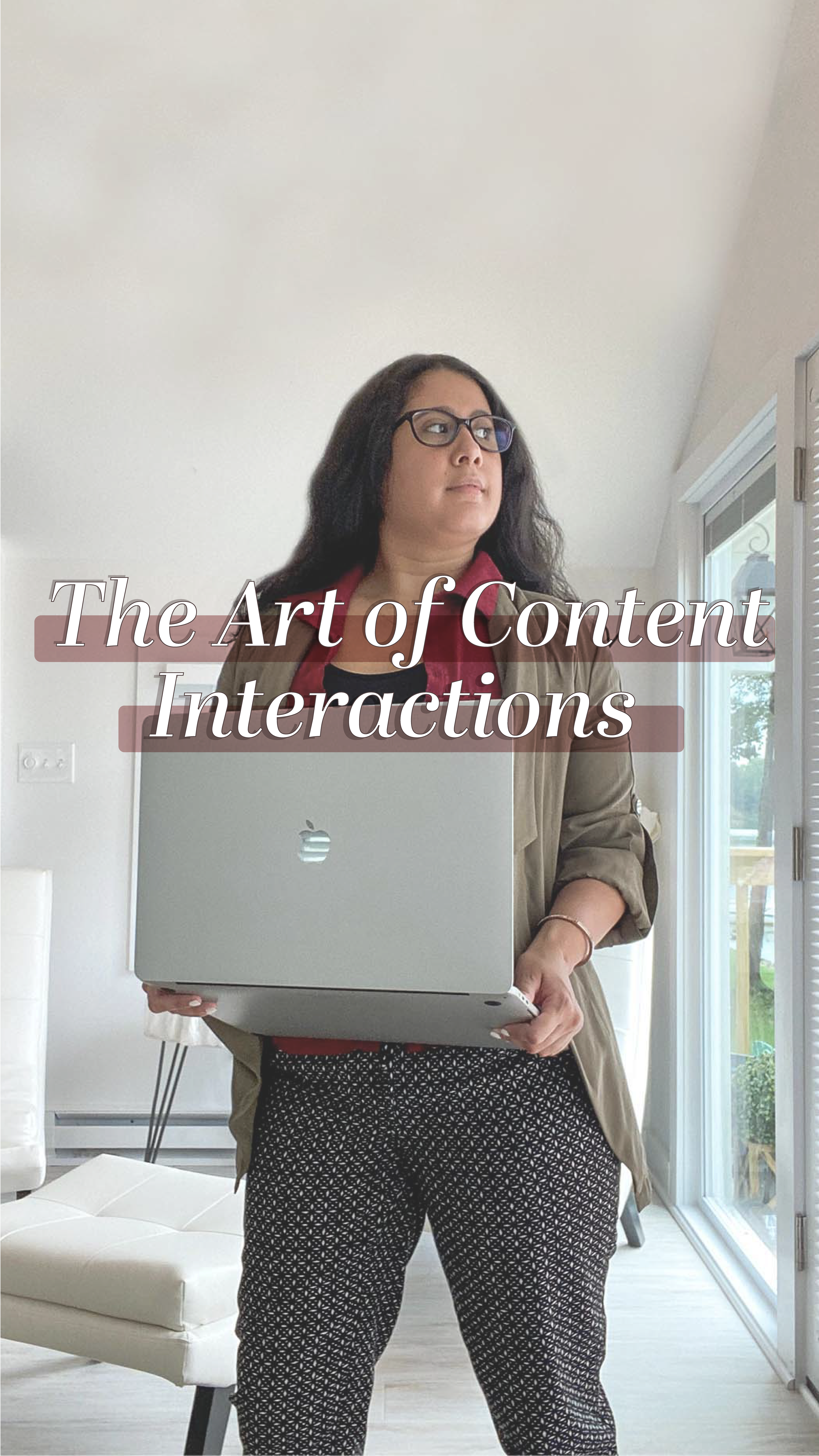 [IMAGE DESCRIPTION]: The photo cover for this Instagram reel video shows content strategist Crysbel Renoj Paxtor photographed wearing a causal business outfit in front of a white cottage background holding a laptop with a text that reads “the art of content interactions”. 