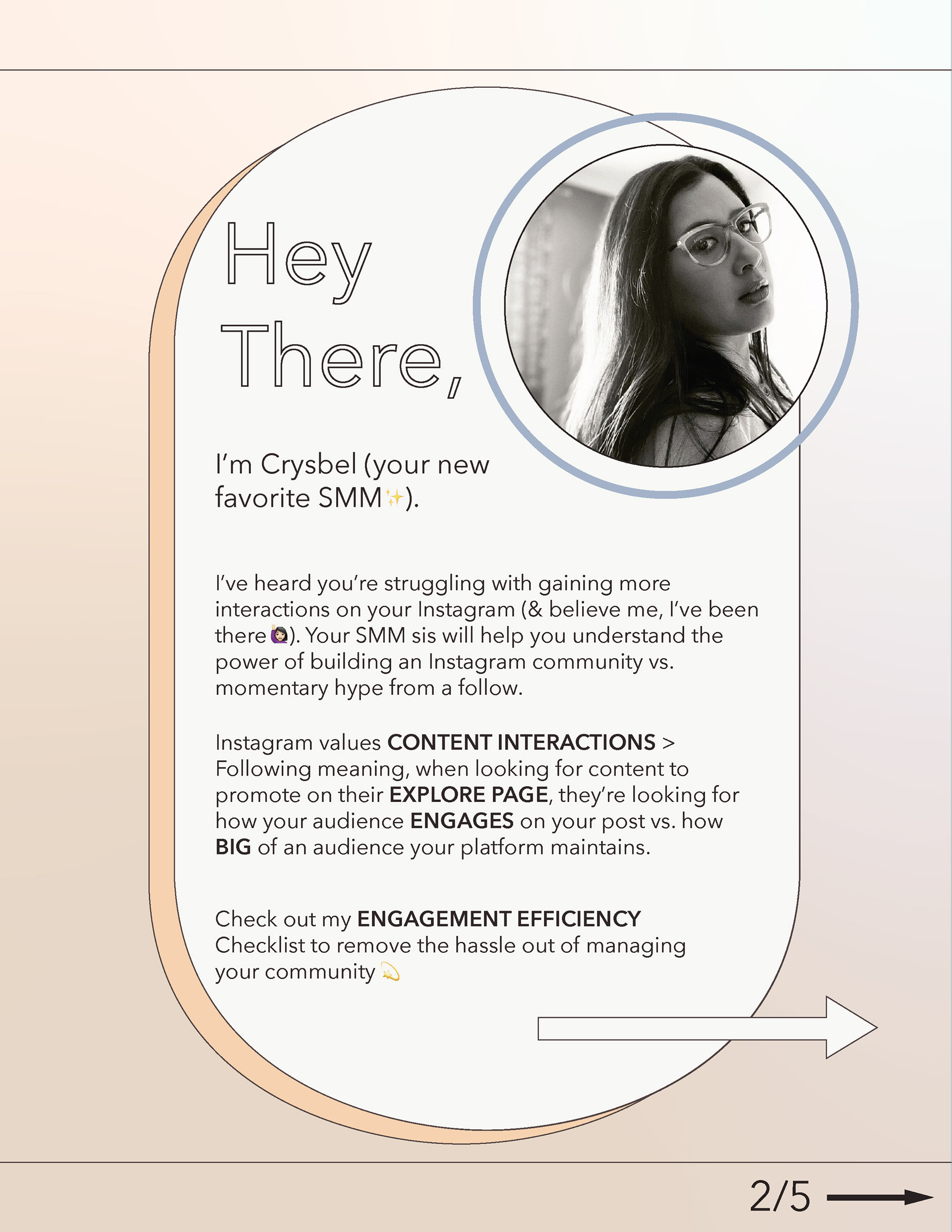 [IMAGE DESCRIPTION]: Second slide reveals the next page of ‘The Engagement Efficiency Instagram Checklist’ where NYC social media strategist Crysbel Renoj Paxtor introduces herself and her Instagram expertise with an arrow pointing to the next page that shows the checklist to boost content interaction. 