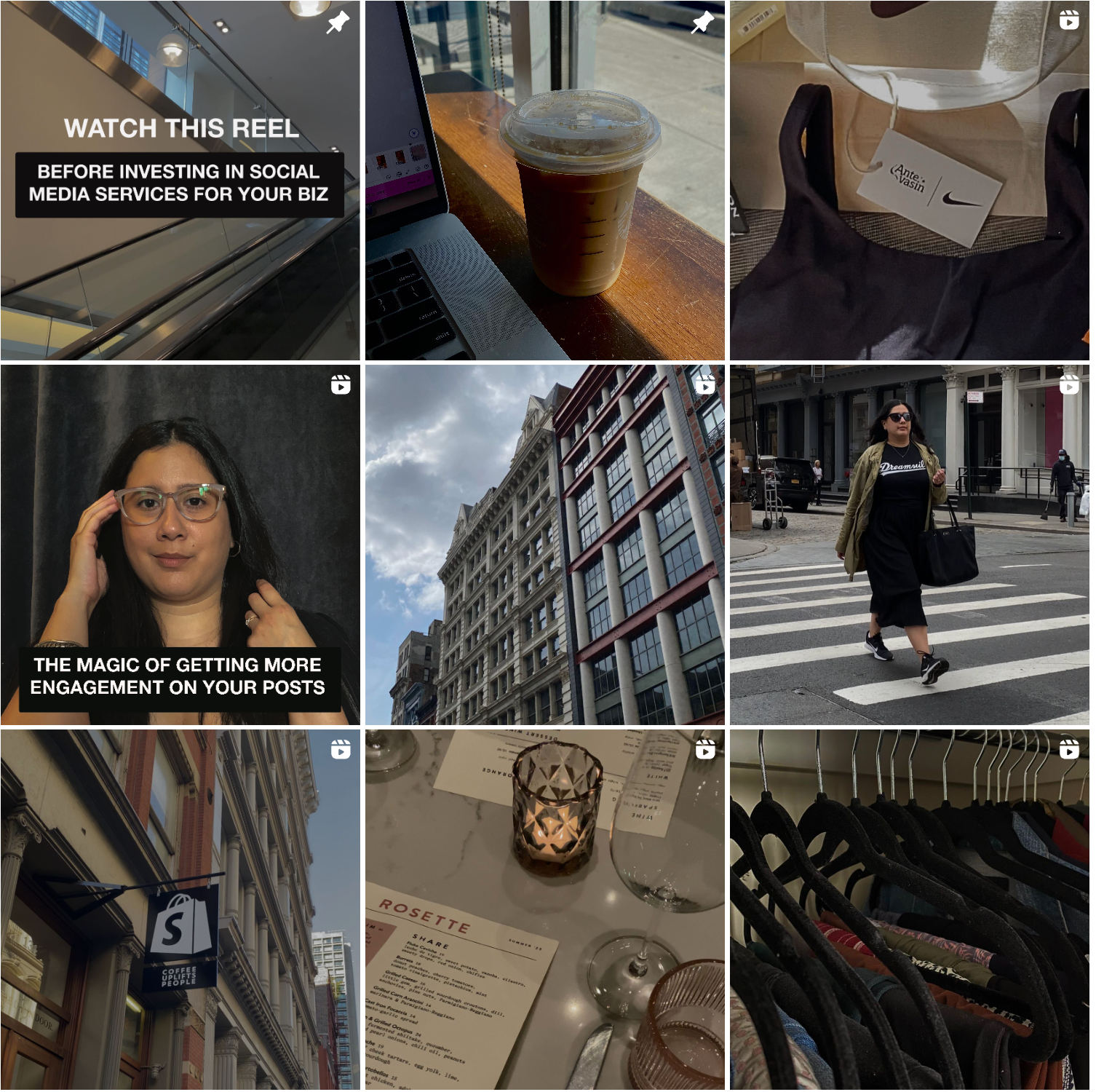 Instagram grid image shows the current post layout of Crysbel Renoj Paxtor's IG profile featuring marketing tips for fashion brands.