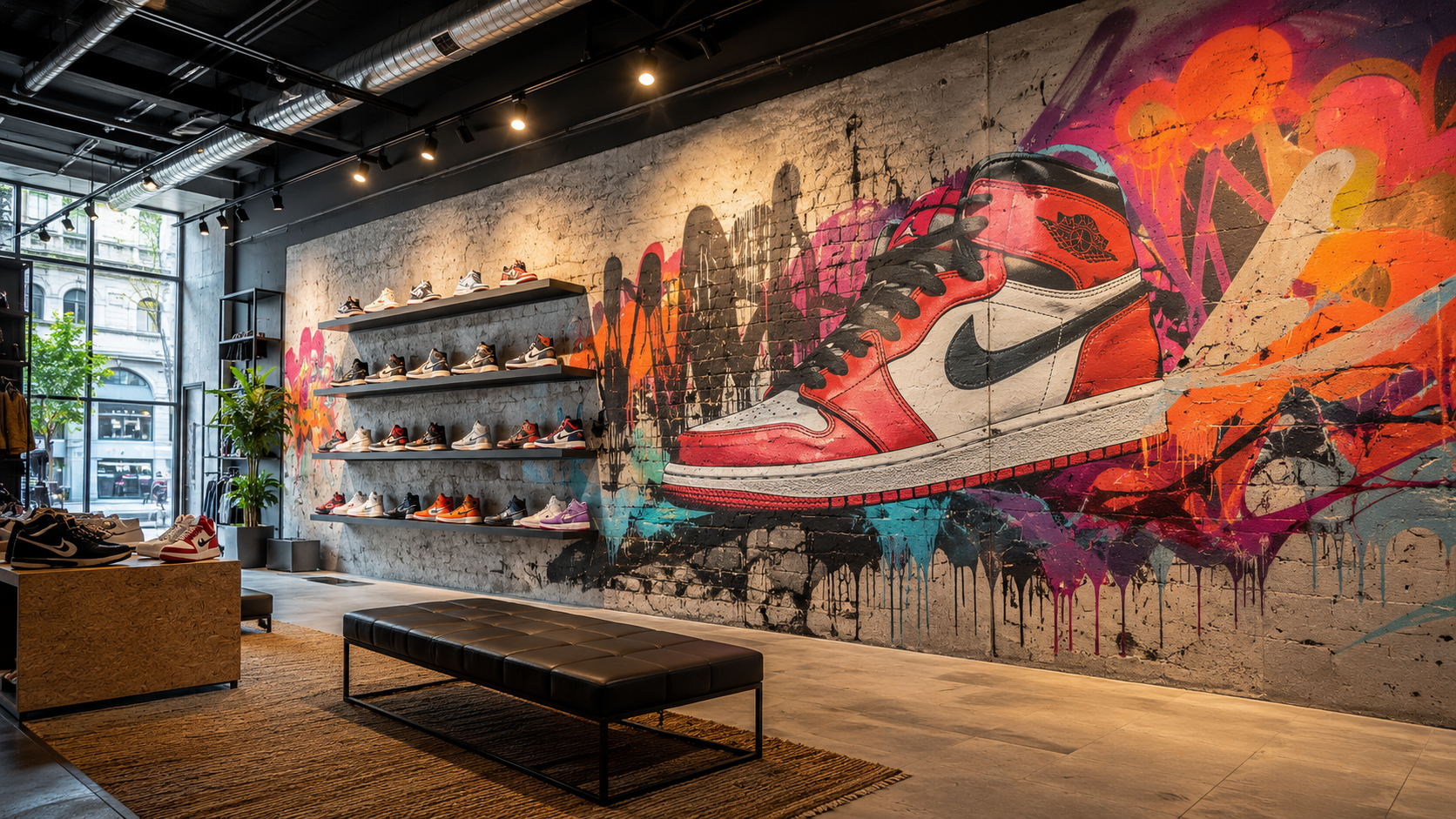 Exemple d'un mur de boutique de sneakers